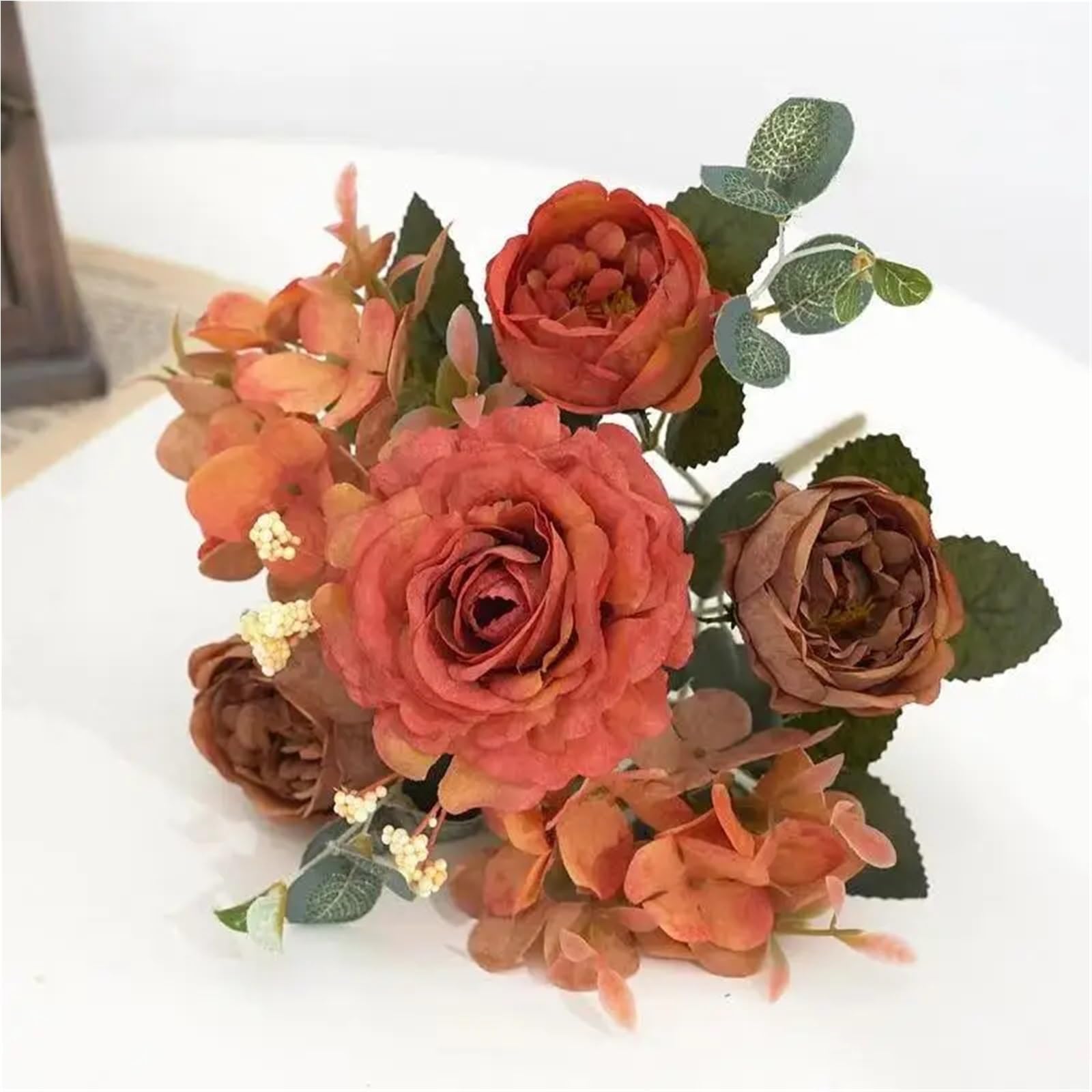 WHMWT 1/4pcs Artificial Flowers Silk Rose Bouquet Hydrangea Peony Bridal Holding Fake Plants Home Room Wedding Decoration Diy Gift Box(Orange,4Pack)