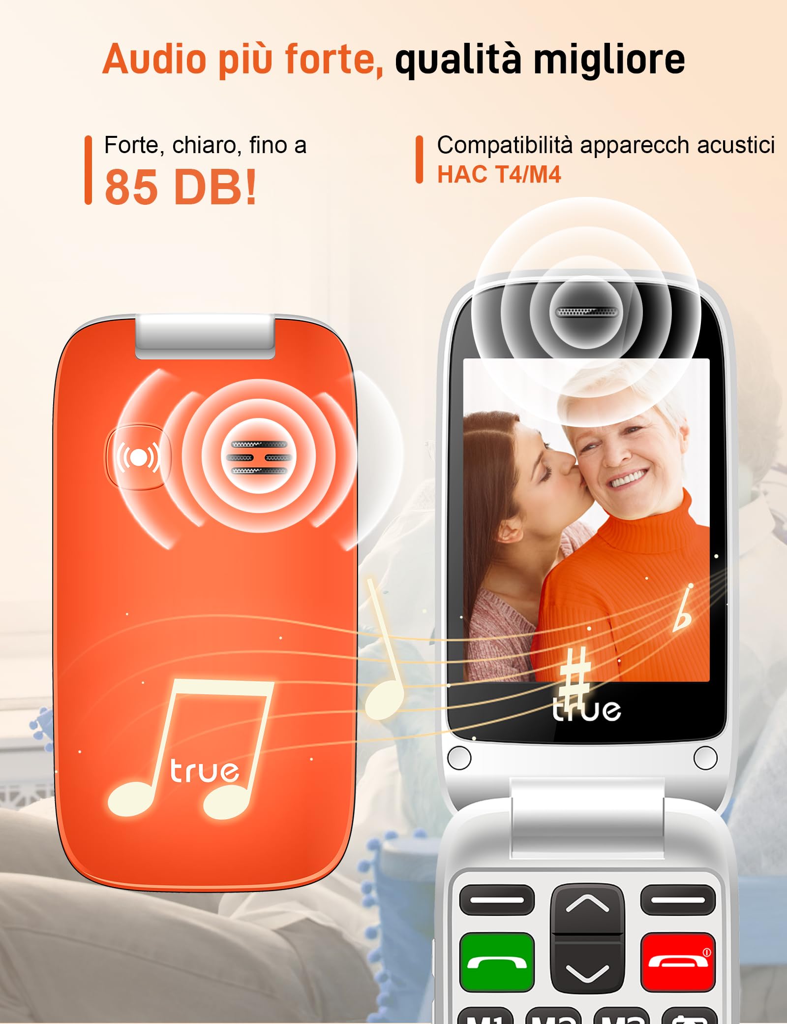 TRUE S70 Telefono Cellulare Flip per Anziani con Tasti Grandi 2G GSM | Display 2,8", Pulsante SOS, Allarme Caduta, 2G GSM, Contapassi, fotocamera, Base di Ricarica, Arancione