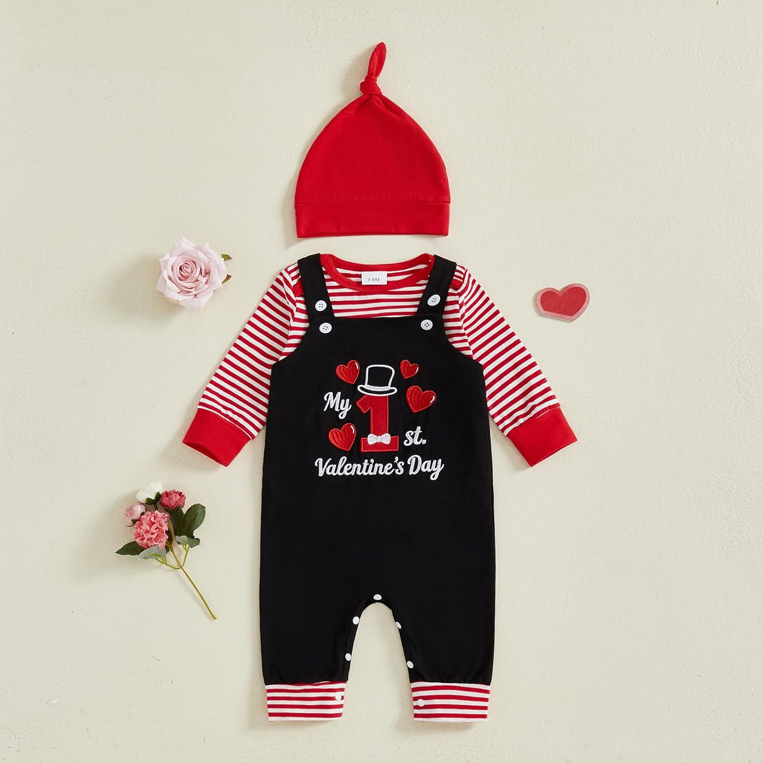 Newborn Baby Boy Valentines Outfit Stripe Long Sleeve Romper Letter Embroidery Suspender Pants Hat Clothes Set - Image 3
