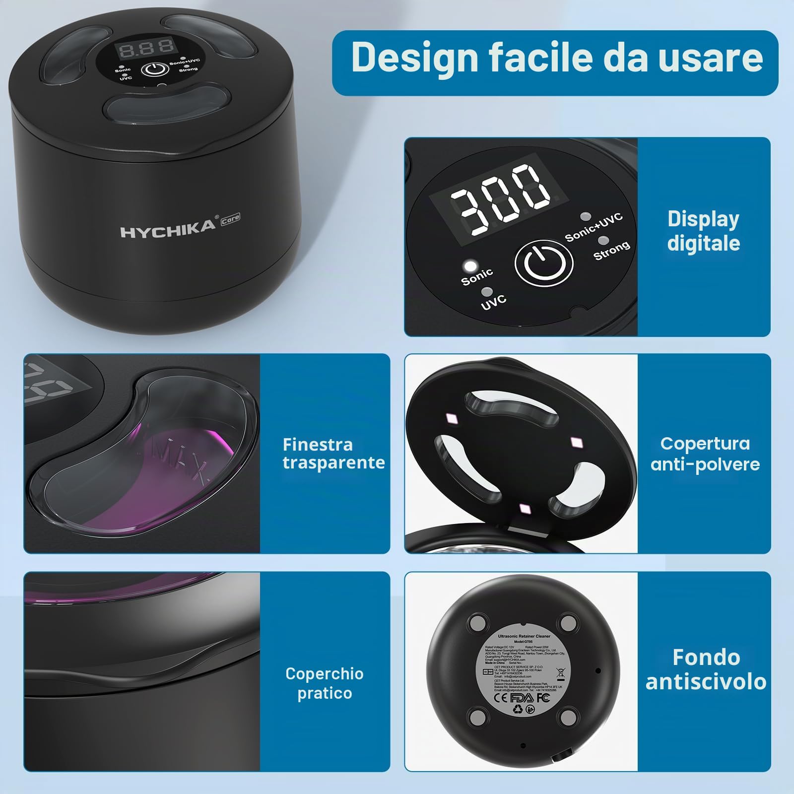 Pulitore Ultrasuoni Apparecchio Denti con Sterilizzatore UV,Alta Frequenza a 45 kHz Clean Pod,4 Modalità per Apparecchi Ortodontici, Bite Notturni, Allineatori ecc.,200 ml,Nero