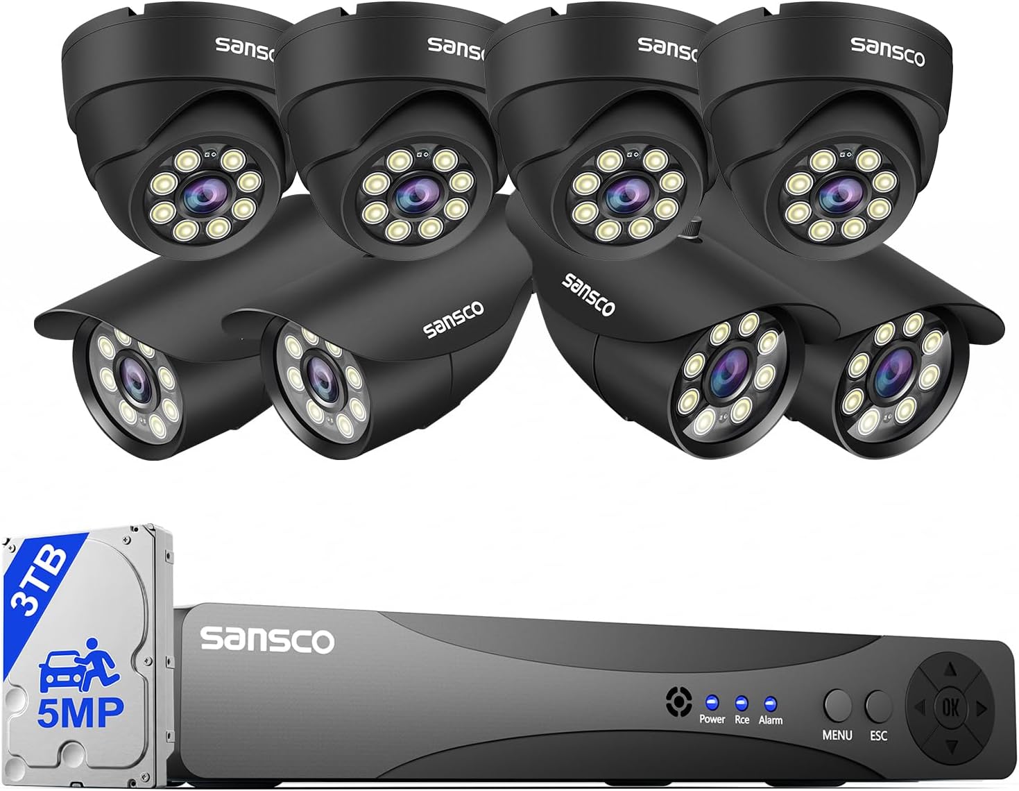SANSCO 8 Channel 5MP CCTV DVR Camera System + 3TB Hard Drive,(8) 3K Bullet Dome Cameras (Wall/Ceiling Mounted IP66 Vandalproof, Mobile Viewing with Motion Activated Push Alert/Email, 24/7 Recording)