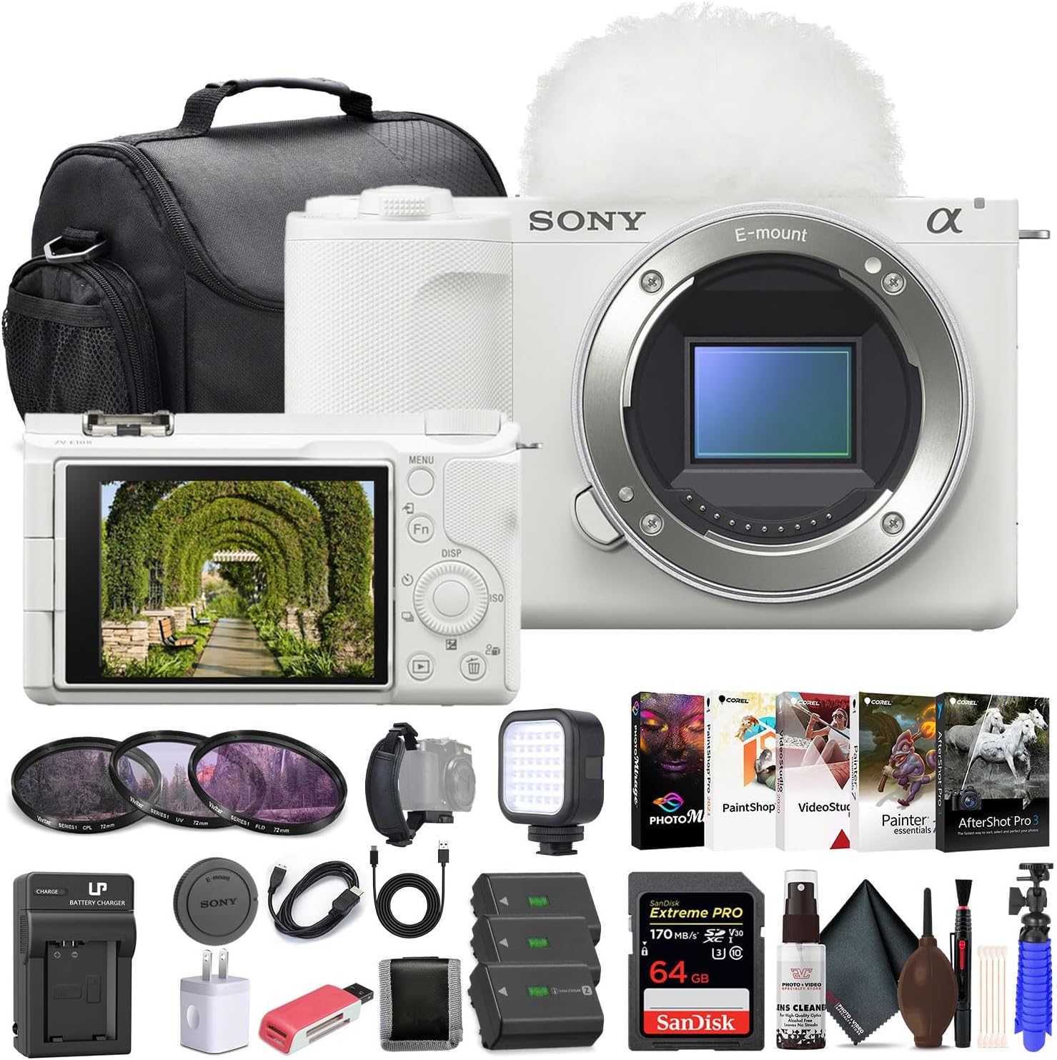 Sony Alpha ZV-E10 II Mirrorless Camera (Body Only, White) (ZVE10M2KW), 64GB Memory Card, Photo Software, Bag, 2 x NP-FZ100 Battery, External Charger, Card Reader, LED Light, HDMI Cable, More
