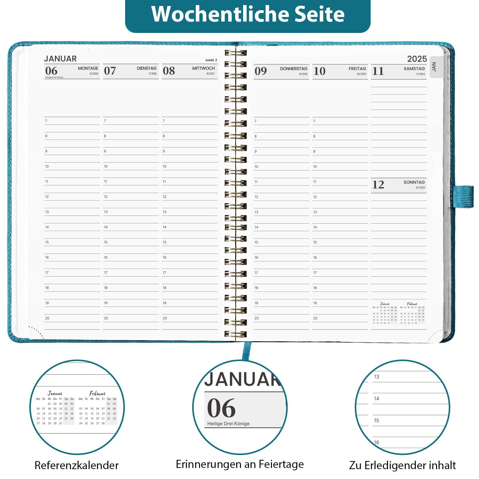 Terminplaner 2025 - Kalender 2025 von Januar 2025 bis Dezember 2025,12 Monate Terminplaner A5 1 Woche 2 Seite, Abreißbare Ecken, Plastiklineal, 22 x 16,5, blau