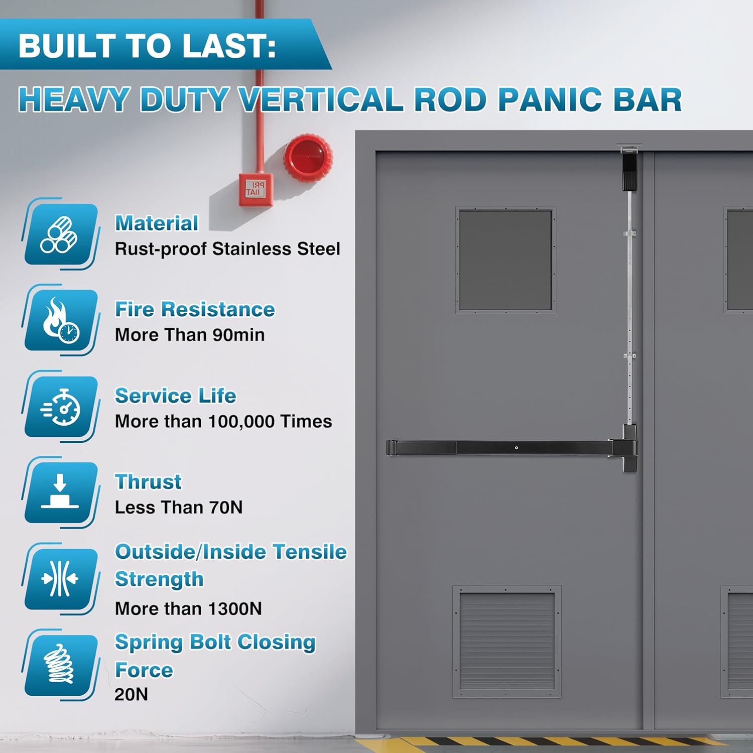 IRONWALLS Surface Vertical Rod Panic Bar for Exit Door, 32in Commercial Push Bar Panic Exit Device with Single Top Latching, Heavy Duty Steel Emergency Door Hardware for 32"-48" Doors, Black