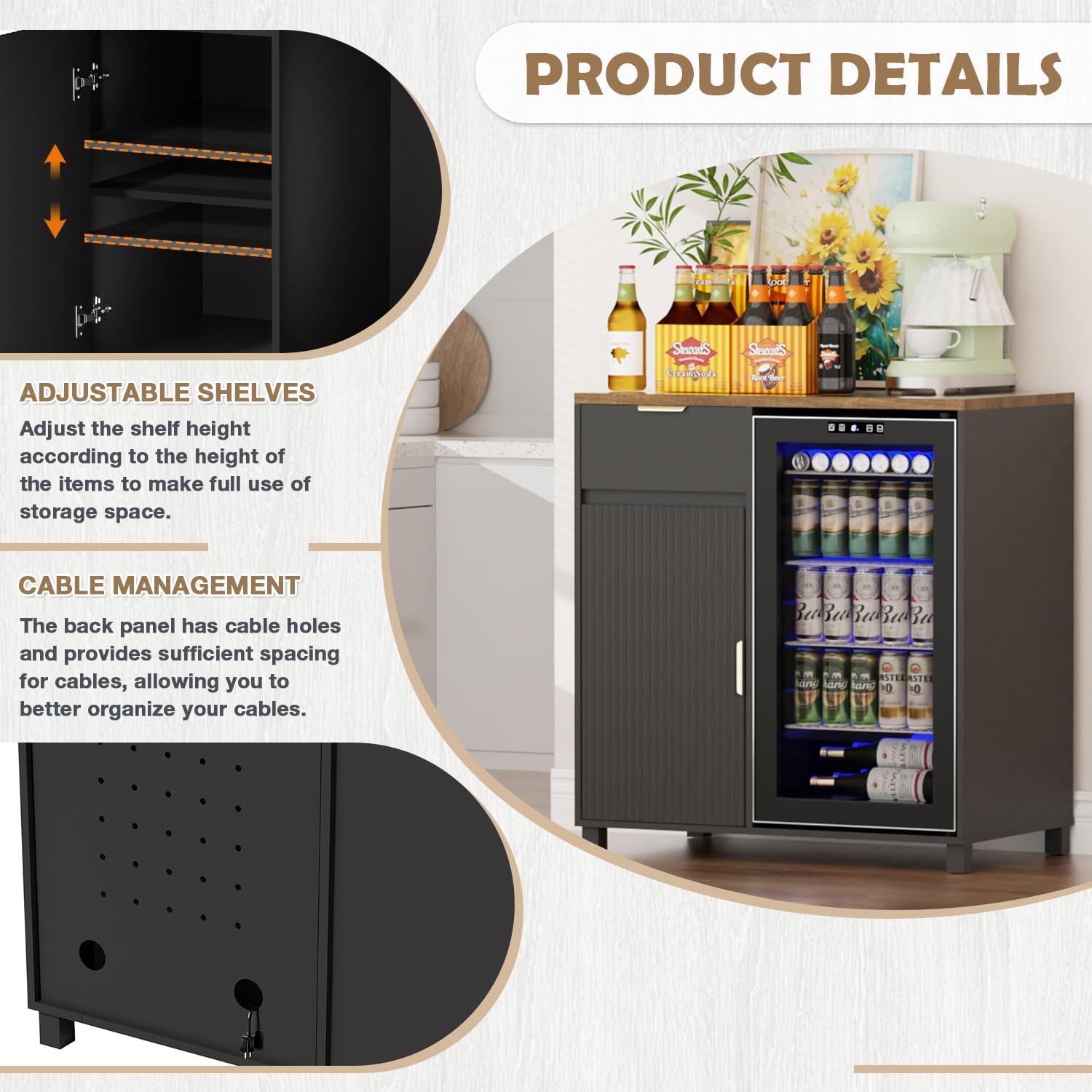 Coffee Bar with Mini Fridge Space, Bar Cabinet with Power Outlet, Liquor Wine Cabinet with Fluted Door and Adjustable Shelf for Dining Room, Living Room, Kitchen