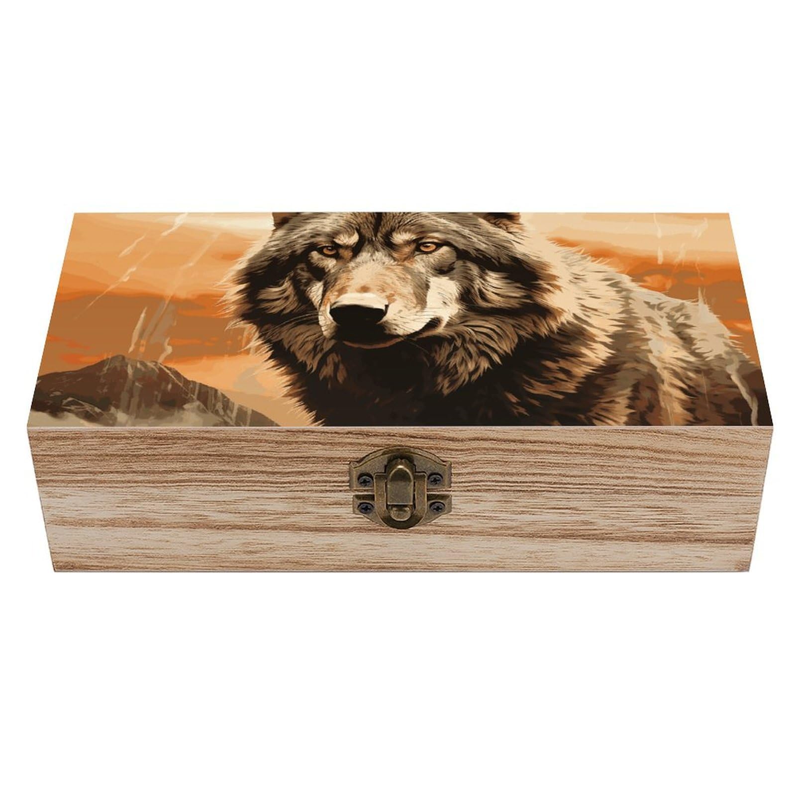 FekiLoot Wolf Sunest Wooden Keepsake Box Decorative Wood Storage Organizer with Hinged Lid Large Handmade Boxes Wedding Memory Treasure Box for Jewelry Photos Stamps Crafts