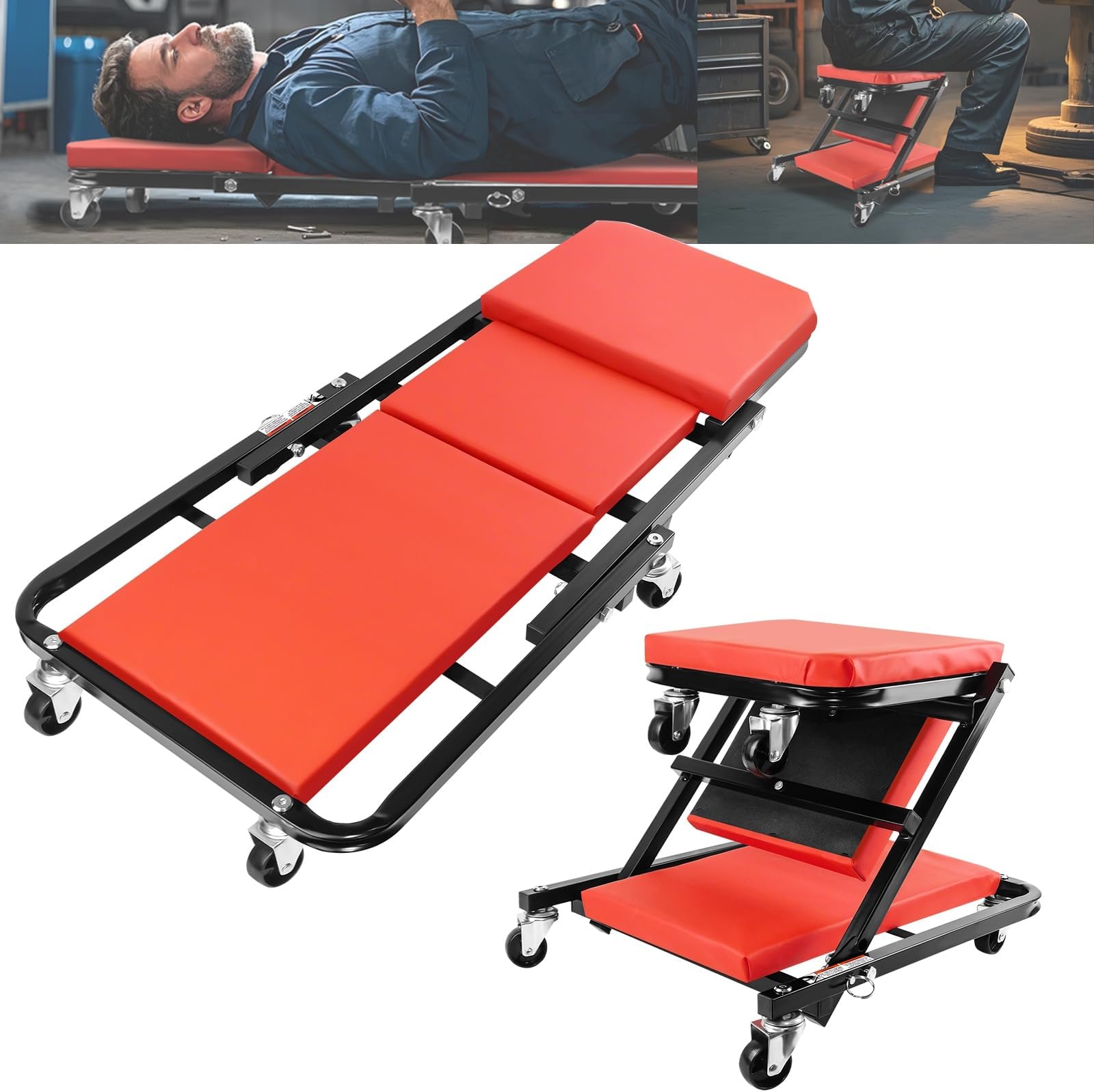 Car Creeper 2 in 1 Folding Car Creeper Board & Stool, Rolling Mechanic Seat, 150 Kg Capacity Workshop Trolley, 6* 360° Swivel Roller Padded Mechanics Stool Roller Seat for Garage, Shop, Auto Repair