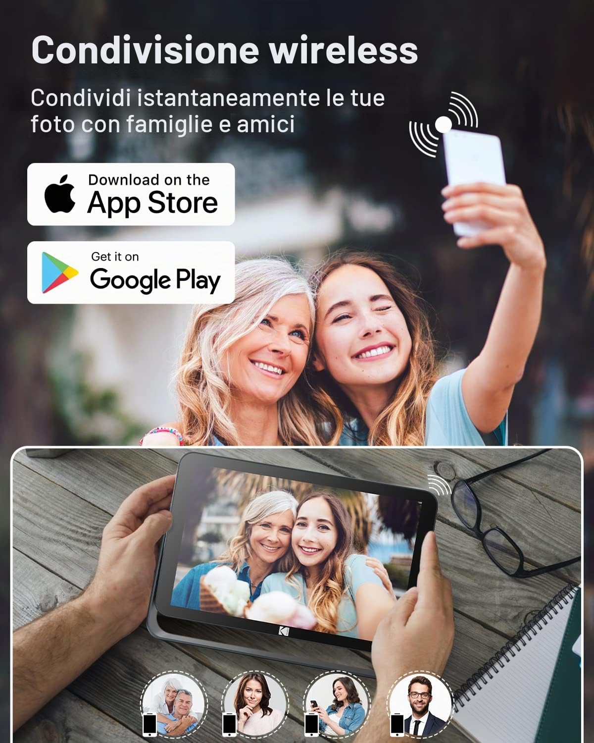 KODAK Cornice Digitale WiFi 10 Pollici, IPS Touch Screen, Batteria Integrata da 4000mAh, condividi foto e video tramite APP, Calendario, Sveglia, Tempo metereologico
