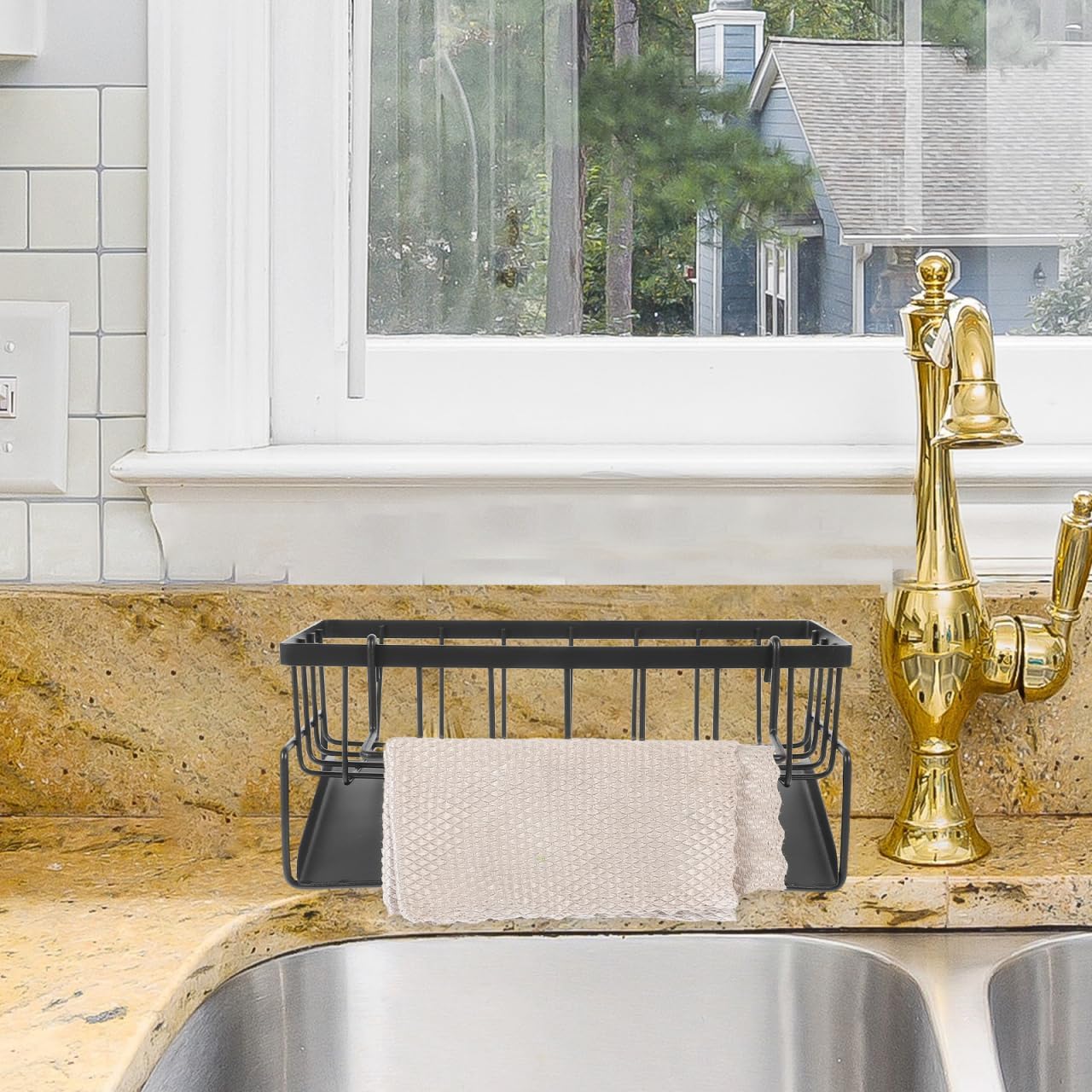 Garneck Sponge Holder for Kitchen Sink, Stainless Steel Sink Organizer With Auto Drain Tray, Self Drain Black Storage Rack for Dish Brush Soap Sponge Kitchen Countertop Accessories