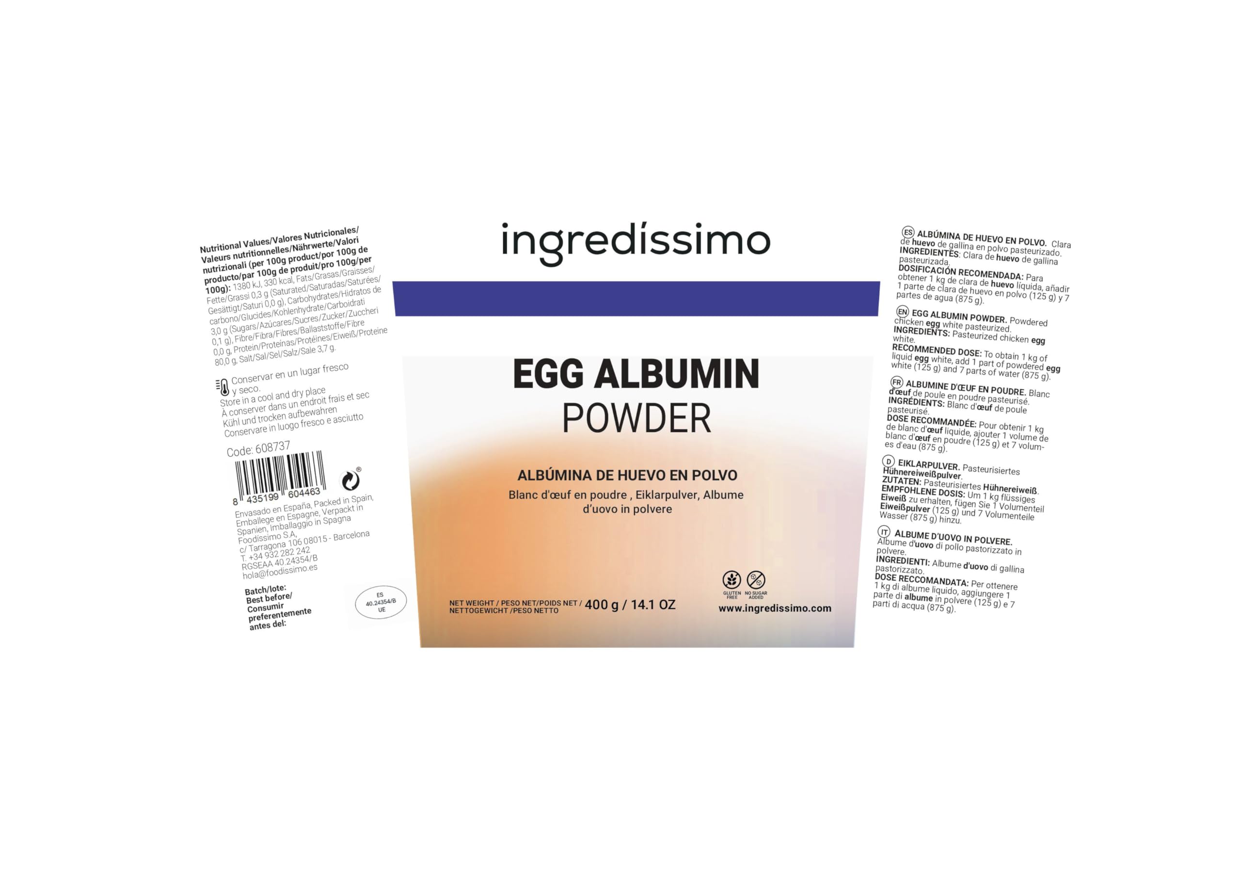 INGREDISSIMO Albúmina de Huevo en Polvo 400 gr, Clara de Huevo Pasteurizada Sin Gluten Sin Azúcar