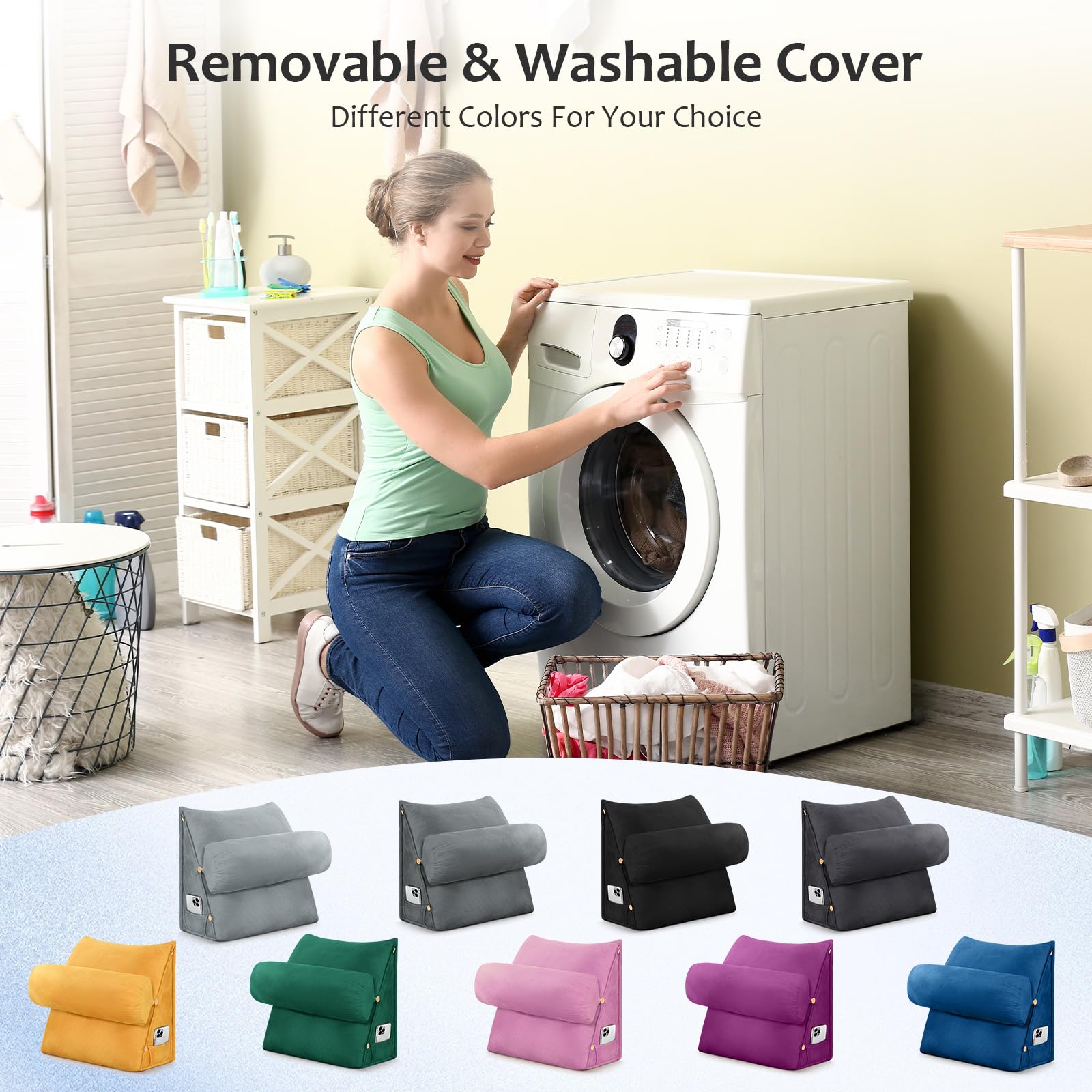 Cojín de apoyo para sofá, almohada de lectura ajustable 3 en 1 para sentarse en la cama para adultos, almohadas triangulares con rollo de cuello desmontable y funda lavable extraíble
