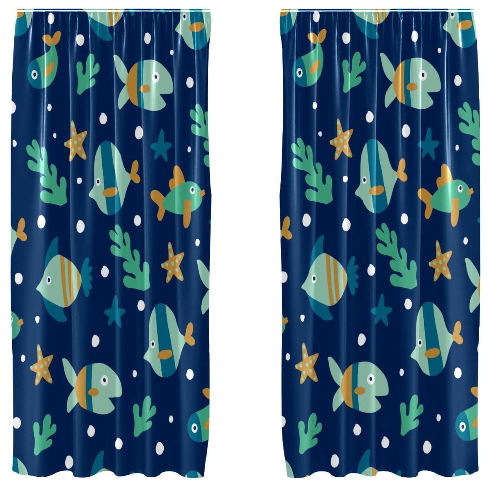 Cortinas de peces azules 55x84 de salón juego de 2 piezas transpirables para ventana de dormitorio