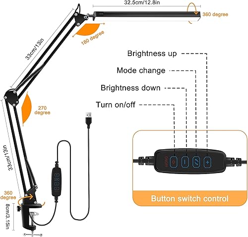 Miniatura 5 de Lámpara de escritorio LED con abrazadera, lámpara de escritorio de arquitecto con brazo oscilante de metal ajustable, cuidado de los ojos con clip,