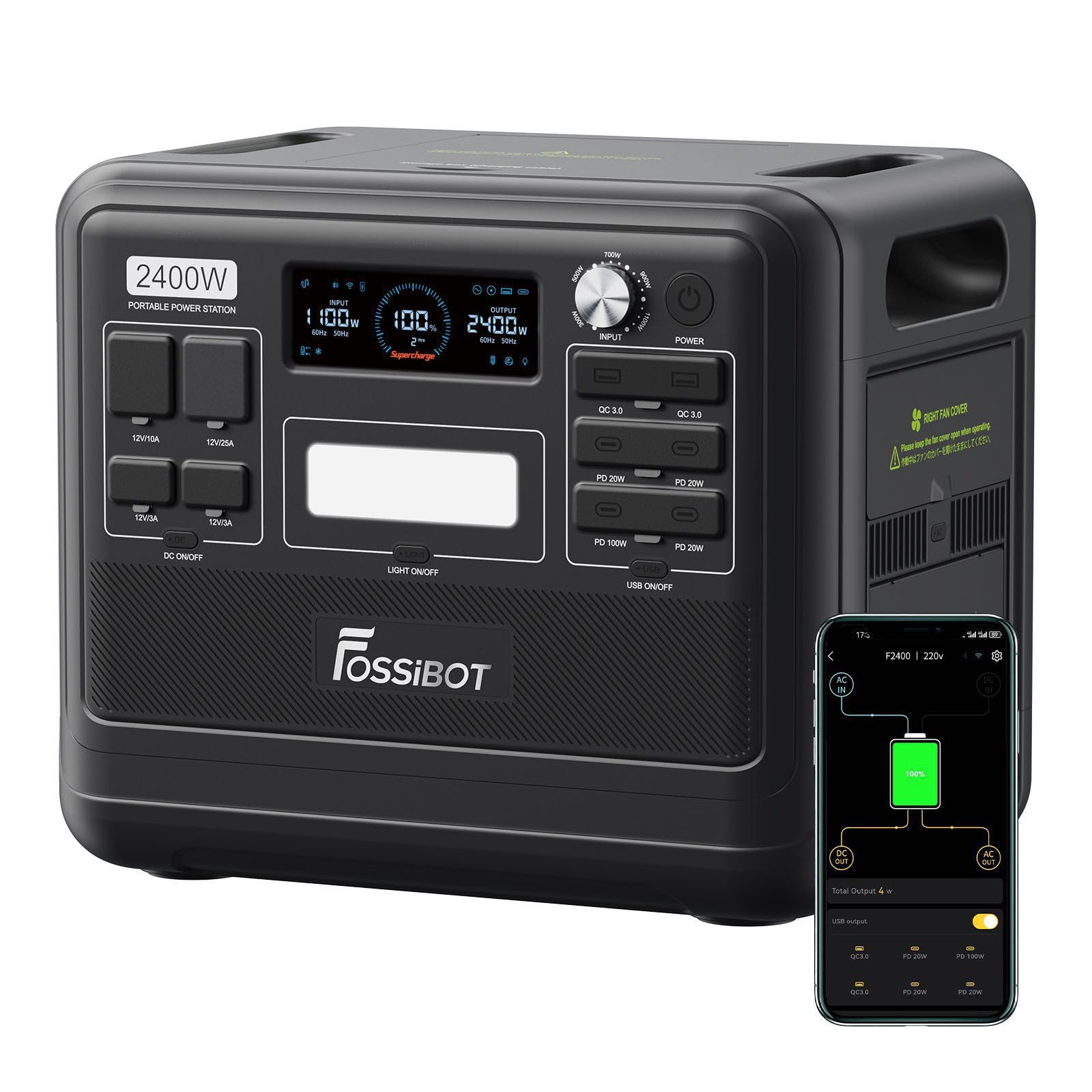 FOSSiBOT F2400 Générateur Solaire 2048Wh LiFePO4 Generateur Electrique Portable UPS, 3 Sortie CA 2400W (4800W Max)