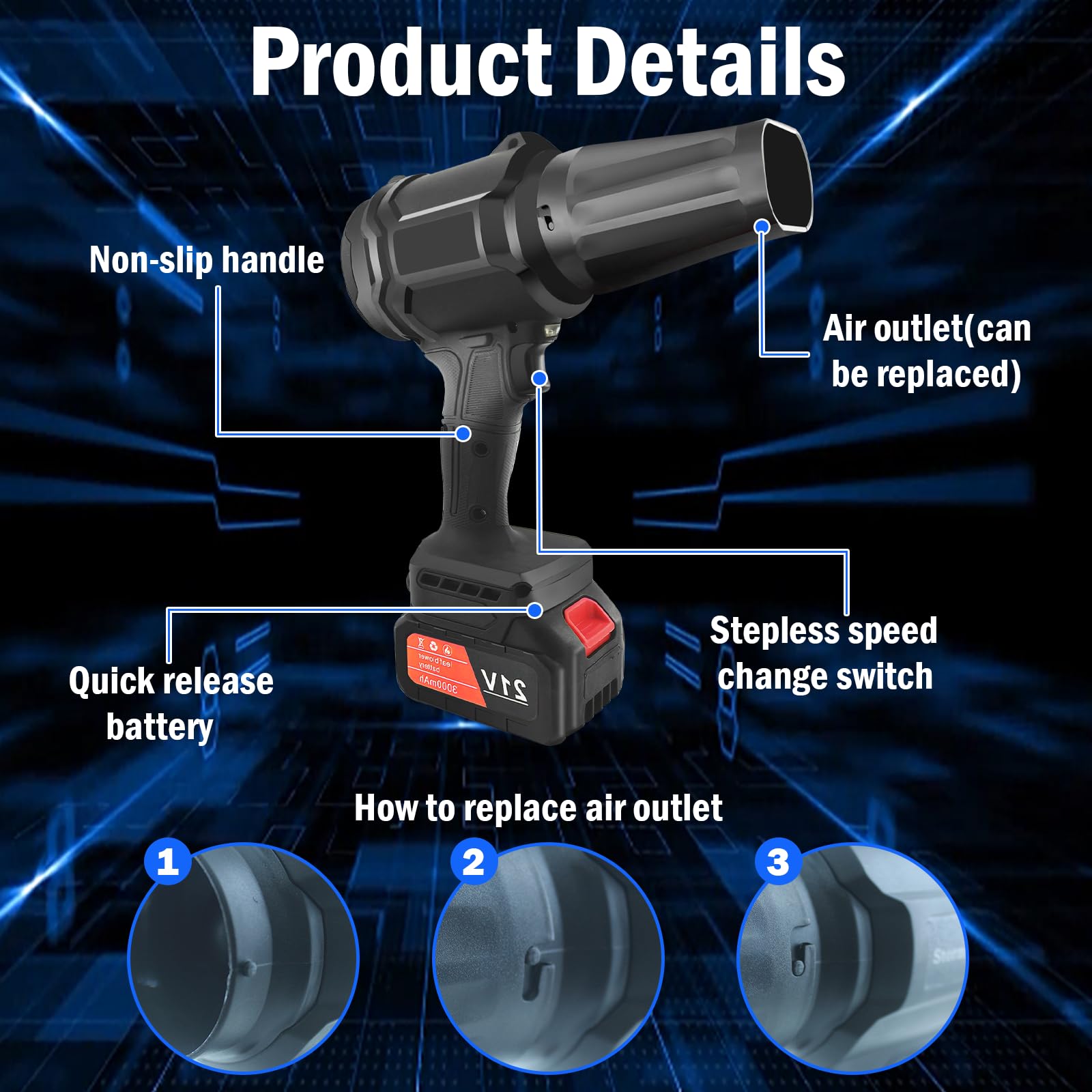 Turbo Jet Blower - Kit profesional de soplador de batería de litio para hojas, coche, industria | Con 2 baterías, cargador, maletín, flujo de aire variable, incluye cabezal de repuesto y accesorios, ligero y potente