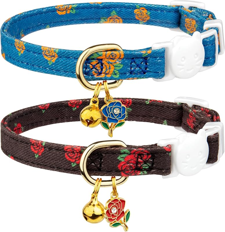 Coleira para Gatos de Algodão com Fivela de Segurança e Guizo FYEQYAOU, Azul e Preta, Pacote com 2