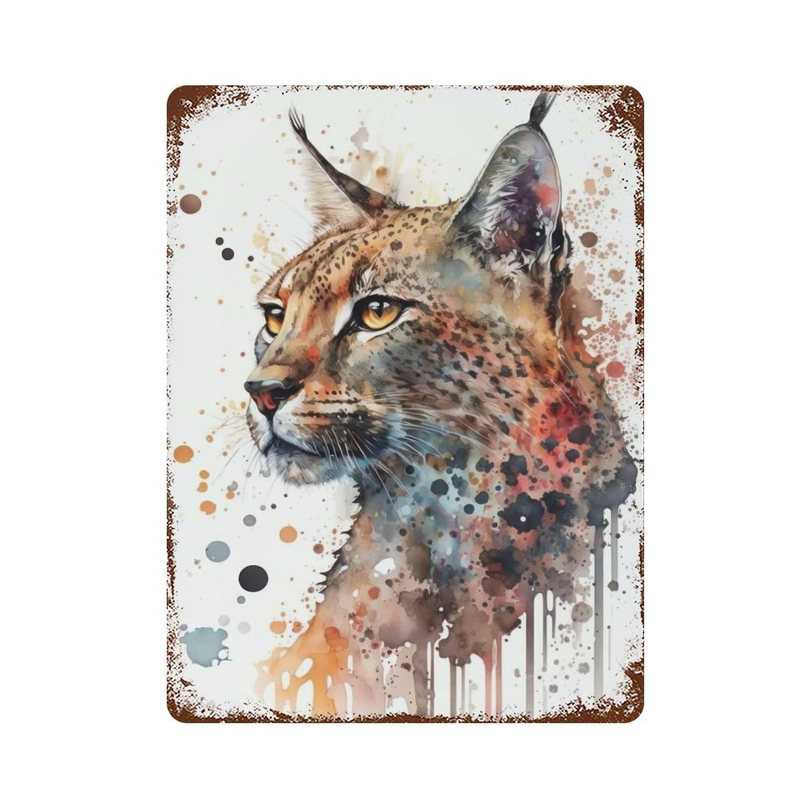Distressed Metal Wall Sign with Wild Cat Watercolor Design 15.7"x11.8", for Office, Studio And Wall Decor, Industrial Home Decor