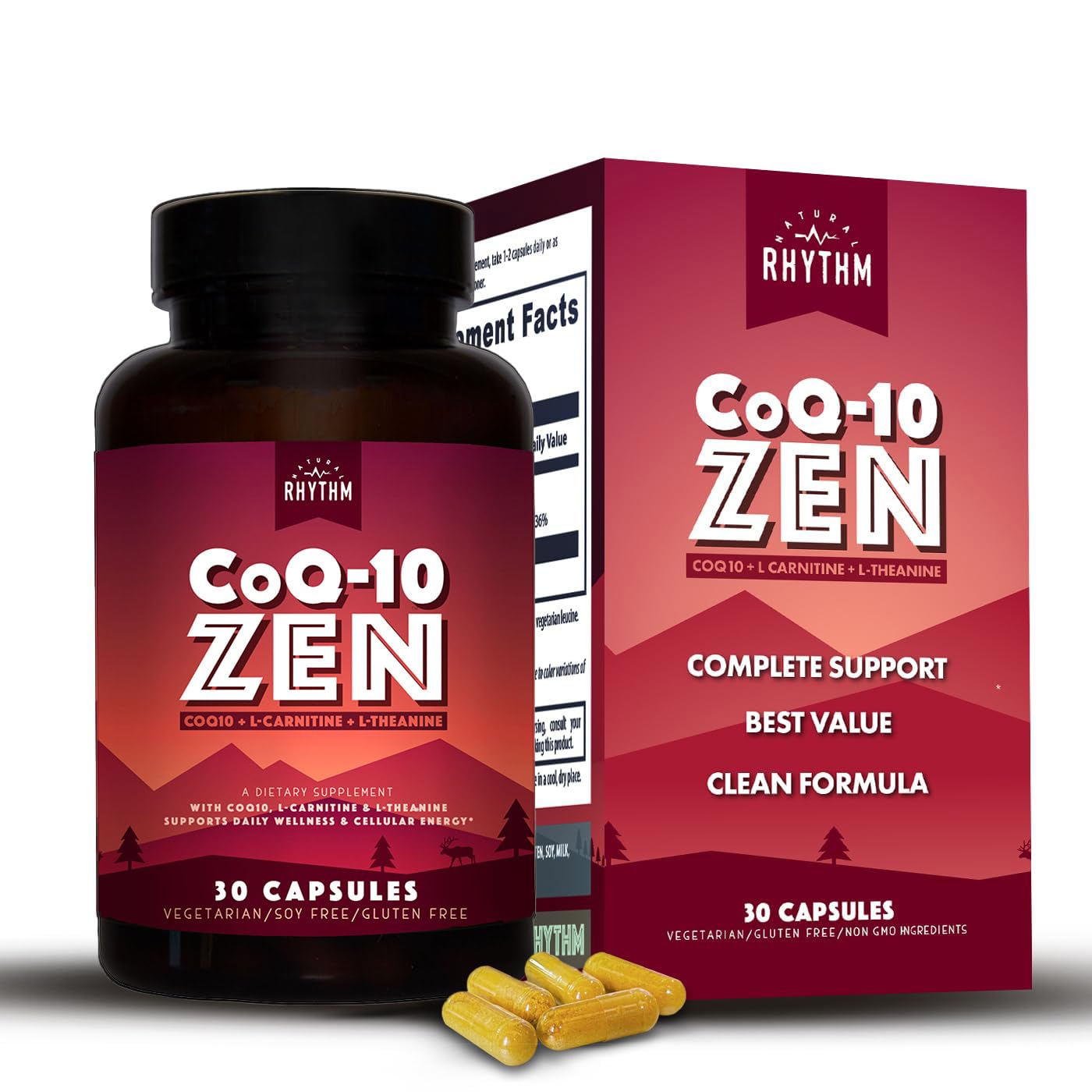 Natural Rhythm CoQ10-ZEN | Coenzyme Q10 (100 mg) + L-Carnitine (125 mg) + L-Theanine (150 mg) | Dietary Supplement Capsules | Cellular Energy & Daily Wellness Support | 30 Count