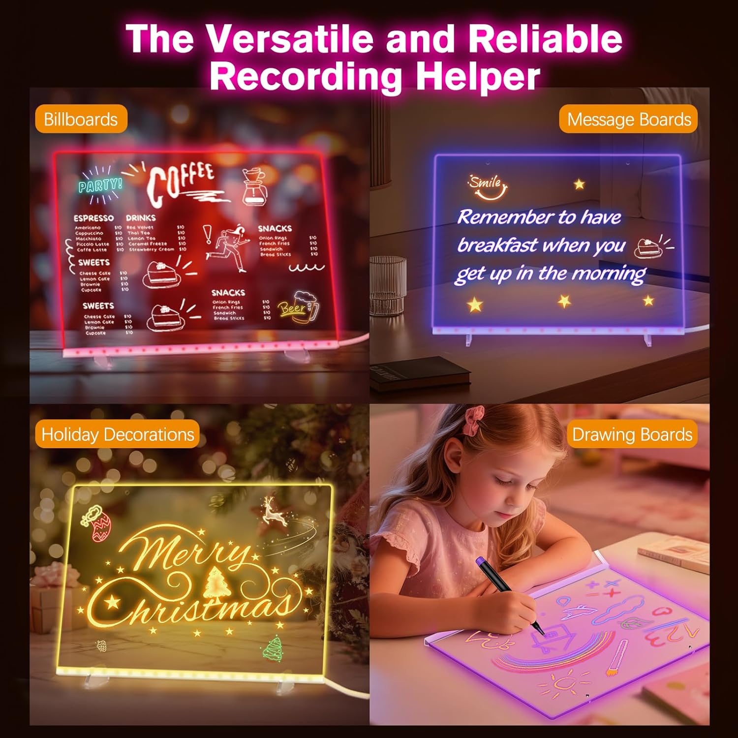 Lewondr LED Note Board,13.8''×9.8'' Acrylic Dry Erase Board with 7 Colors of Light,Drawing Board with Adapter, 7 Markers, Stand, Hanging Chain, Spray Bottle for Home Office Decor Christmas Easter Gift