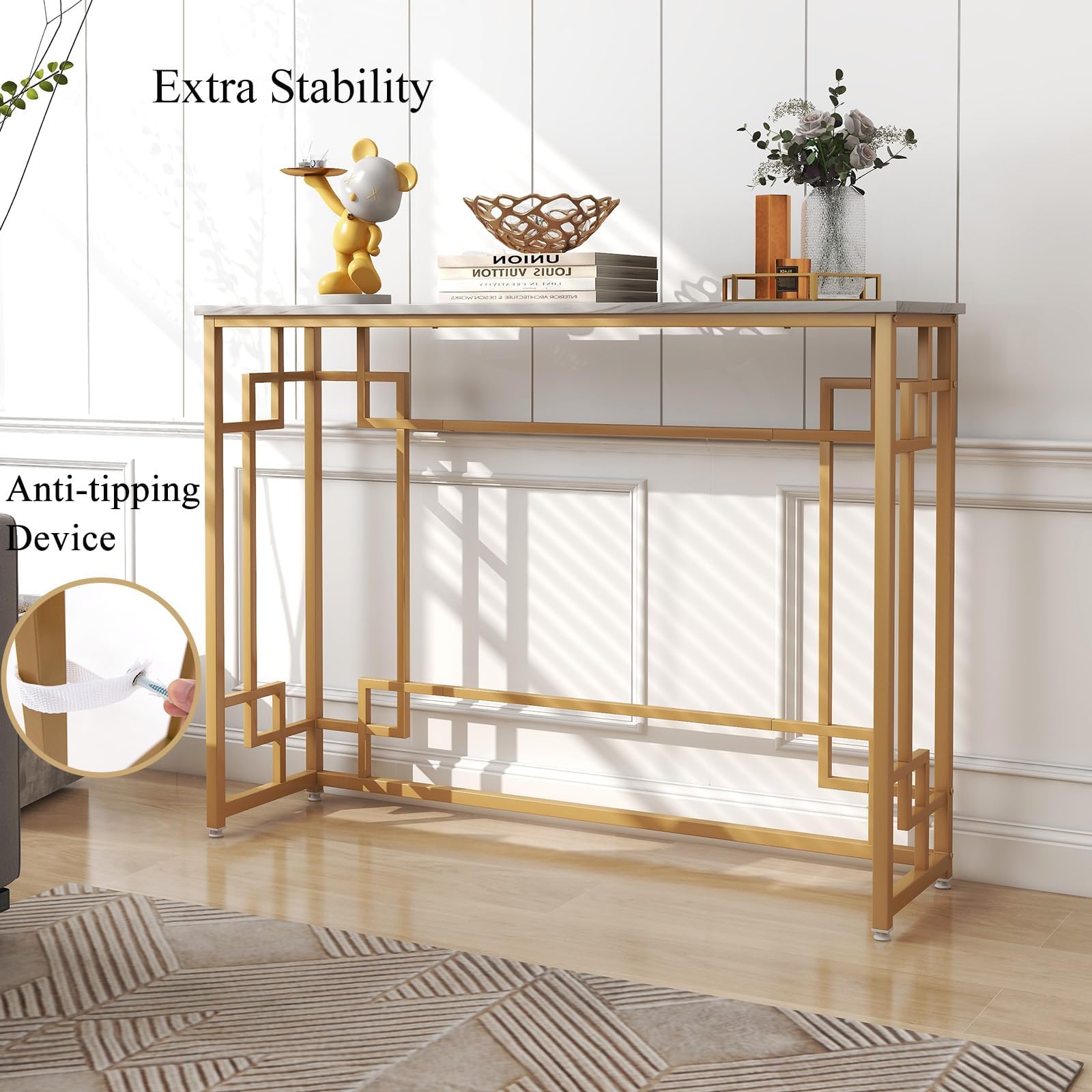 LIFEZEAL Tavolo Console Moderno, Tavolo Consolle, Effetto di Marmo, Tavolo d’Ingresso, Telaio in Metallo, Piedini Regolabili, Salvaspazio, per Corridoio, Soggiorno, Entrata, Max 30kg, 110x30x81cm, Oro