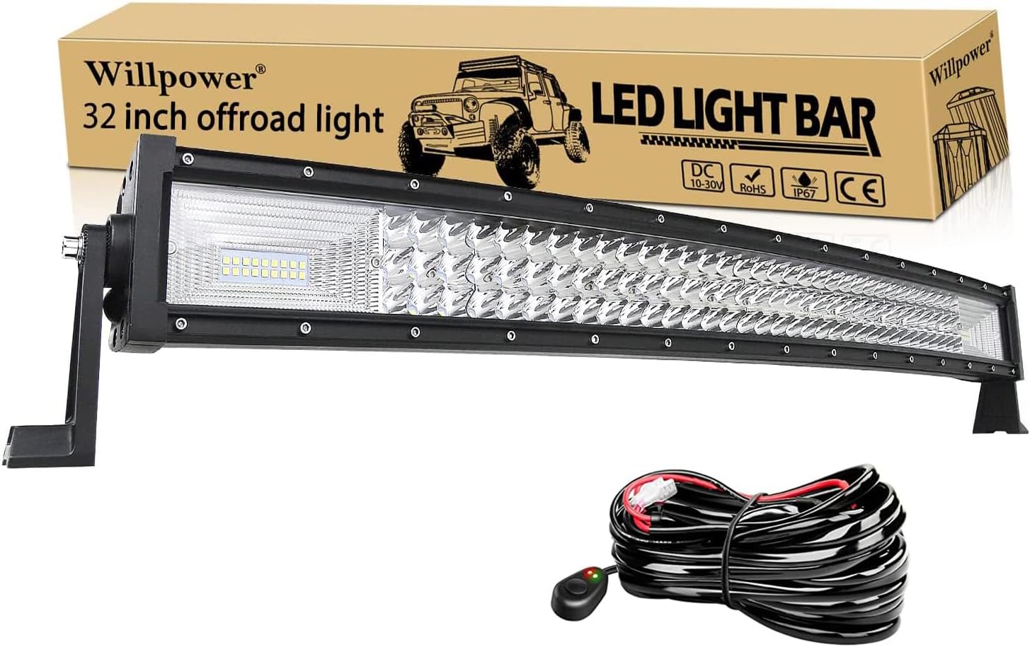 Willpower Curved LED Light Bar 32 inch 405W Spot Flood Combo Triple Row Led Off Road Driving Fog Work Lights with Wiring Harness for Pickup SUV ATV UTV Truck Light, 12V 24V