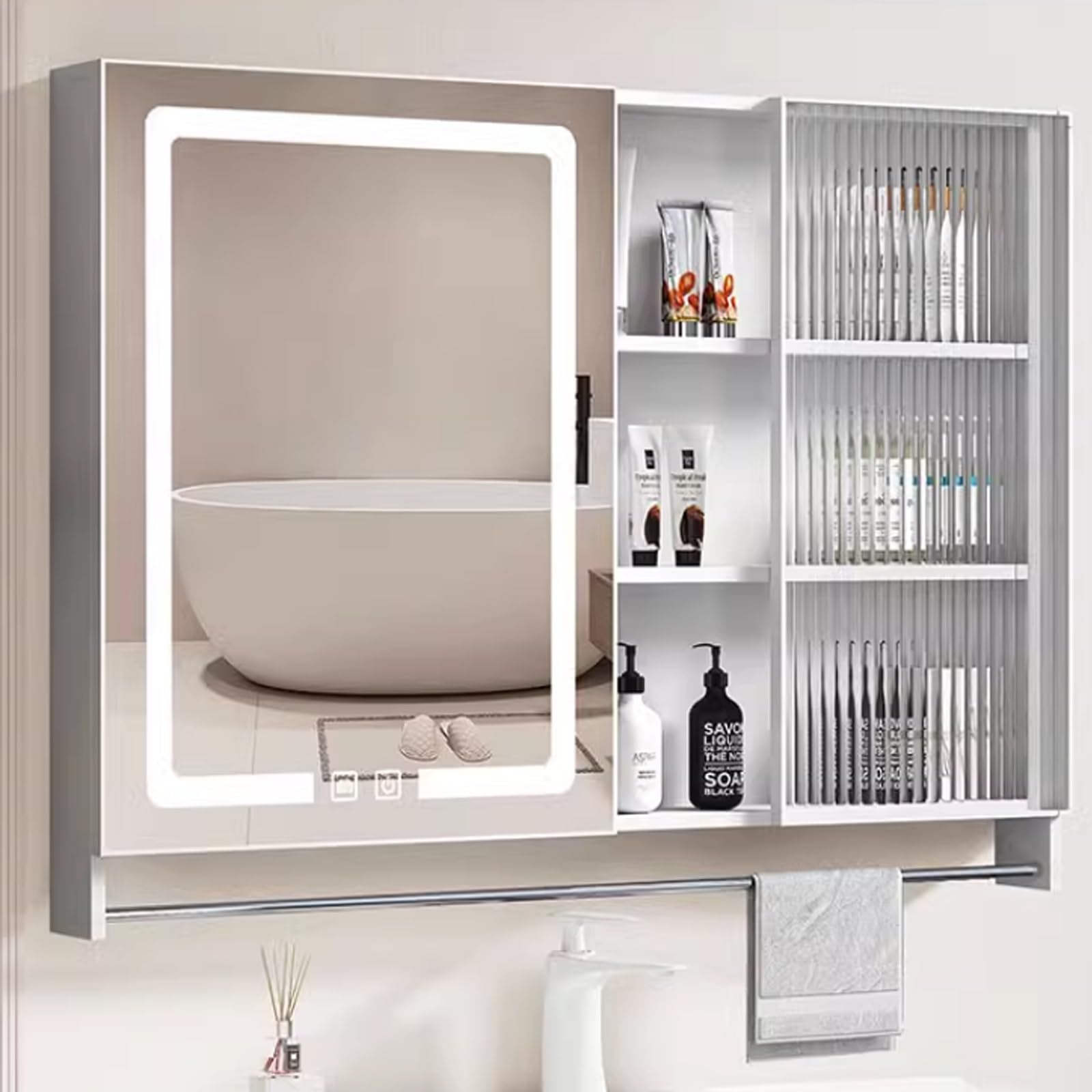 BKSXSOP LED Bathroom Mirror Cabinet with Anti-Fog Glass, Stepless Dimming Vanity Light, Wall-Mounted Storage Open Towel Rack – Modern Medicine for nized Bathrooms