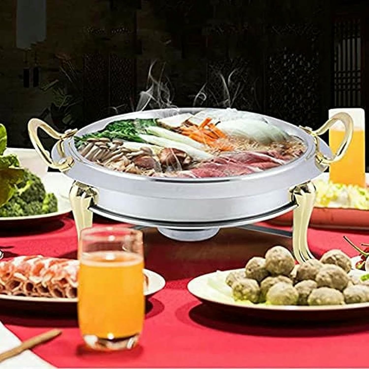 Round Buffet in Stainless Steel, Platform Heater, Buffet Set with Stoves and Fuel Support for Celebrations, Events, Weddings ~/