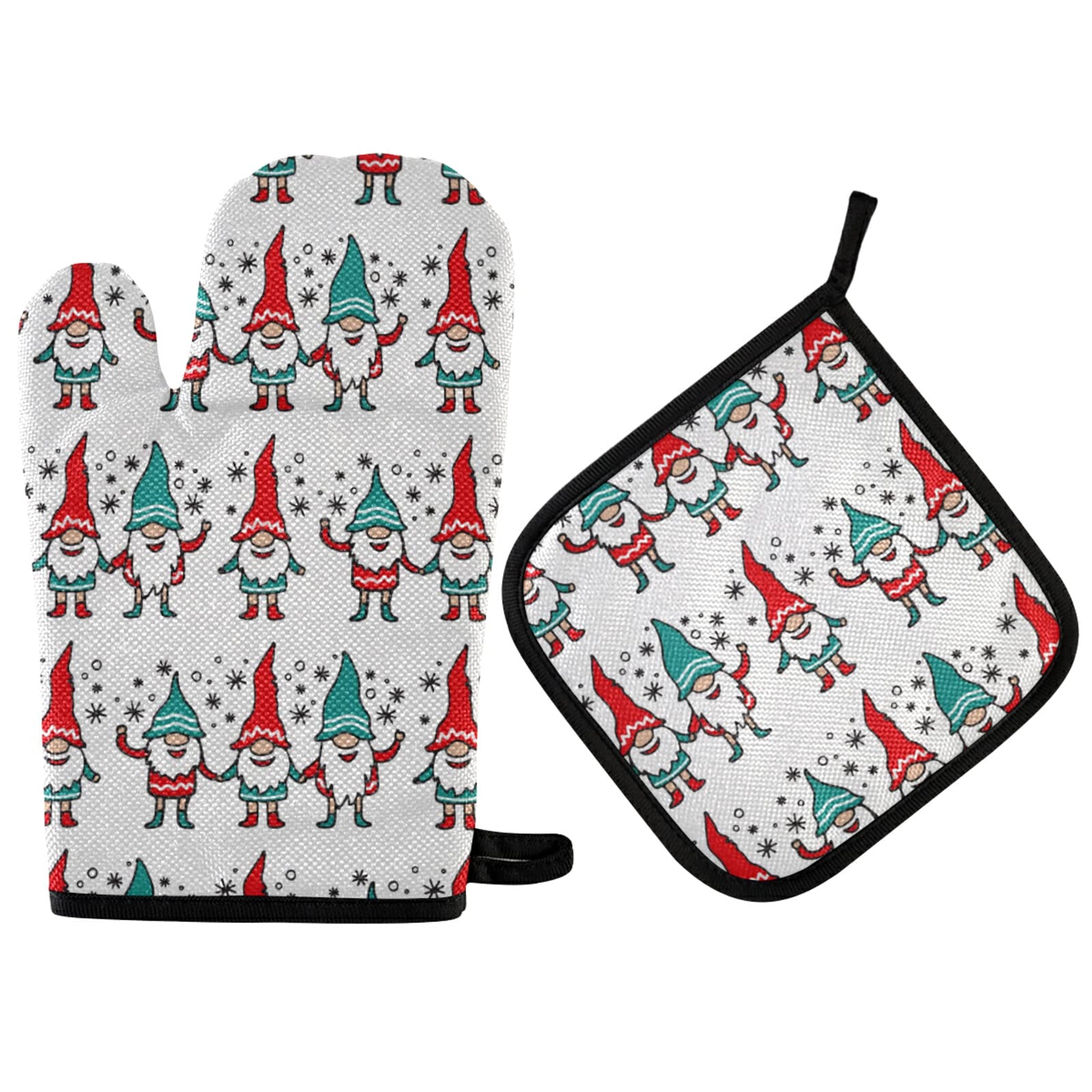 ZZXXB Christmas Gnome Oven Mitts and Pot Holders Set of 2 Heat Resistant Non-Slip Kitchen Gloves for Cooking Baking Barbecue Grilling