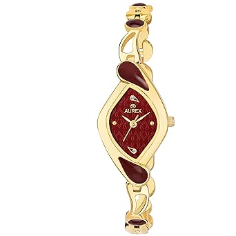 AUREX Analogue Womens Watch (Maroon Dial Gold Colored Strap)