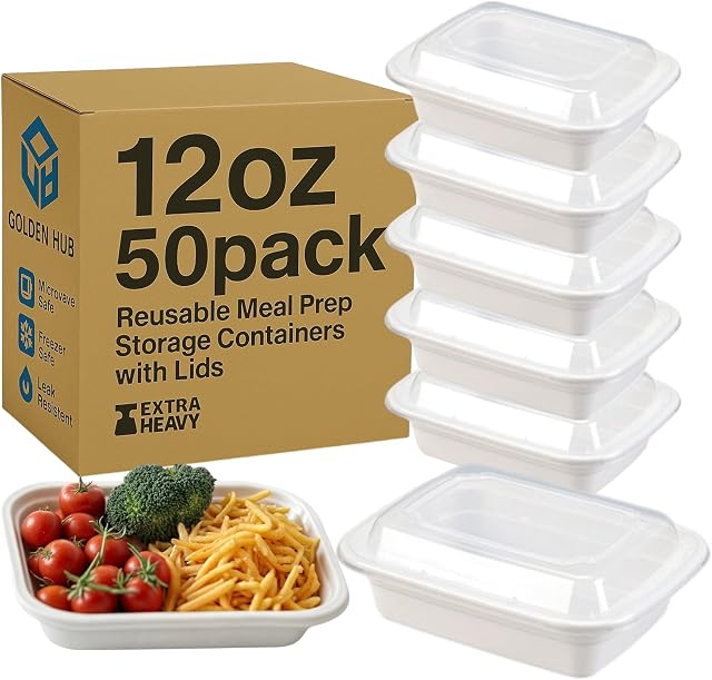 Golden Hub Conteneurs de préparation de repas avec lids BPA Stock de nourriture en plastique réutilisable résistant à la fuite de preuve Microwave Lave-vaisselle Coffre-fort pour le bureau du déjeuner blanc (12oz 50pc)