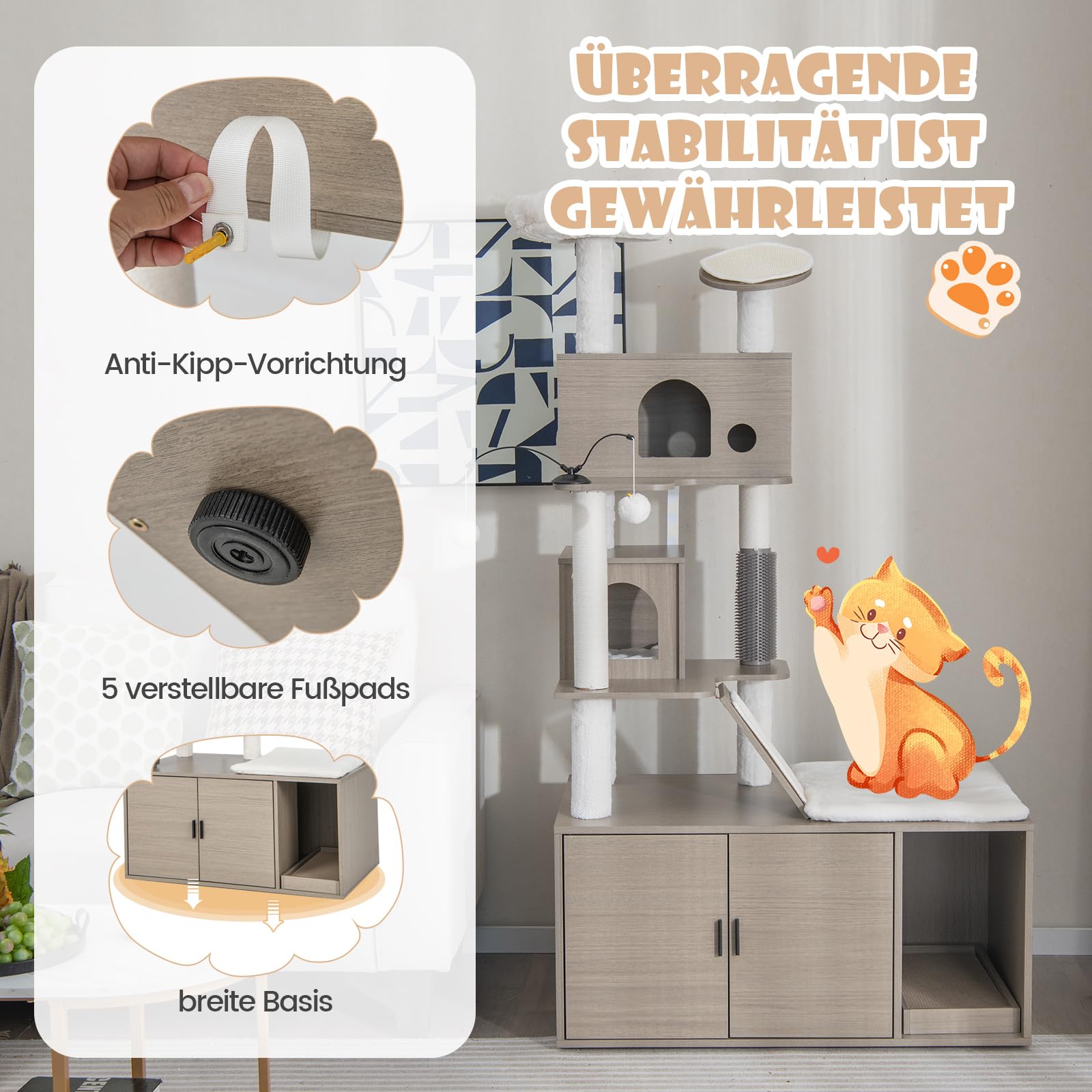 COSTWAY Kratzbaum mit Katzenschrank, Katzenbaum mit 2 Höhlen & Kratzbrett & Eingang & Spielball & Kissen & Rampe, All-in-One Katzenhaus, Katzenkratzbaum Groß, Katzenmöbel Katzen, 95x55,5x173cm, Grau