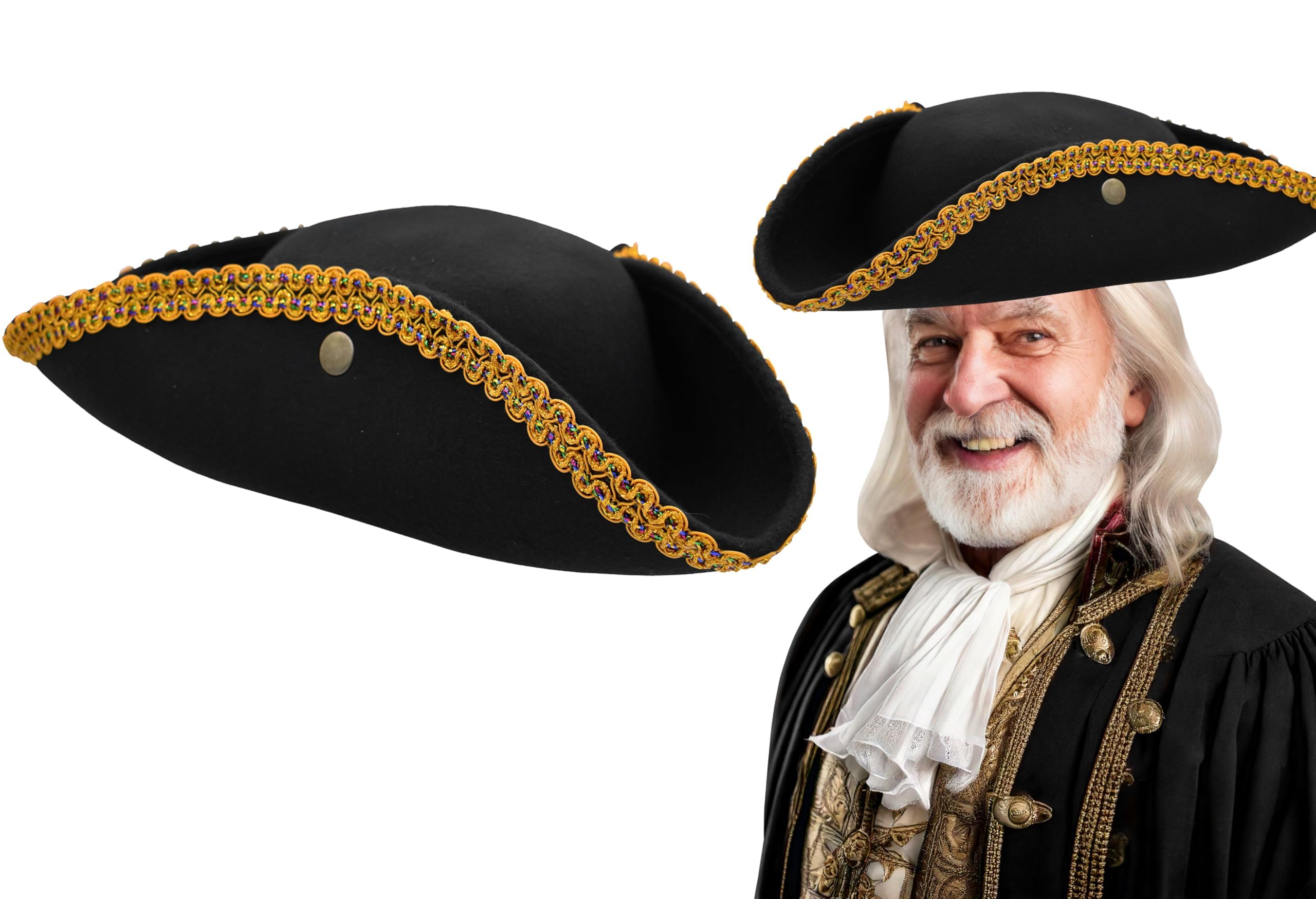 Nicky Bigs Novelties Adult Triangular Colonial Hat Tri-Corner Tricorn Revolutionary War Pirate Hat Costume, Black/Gold