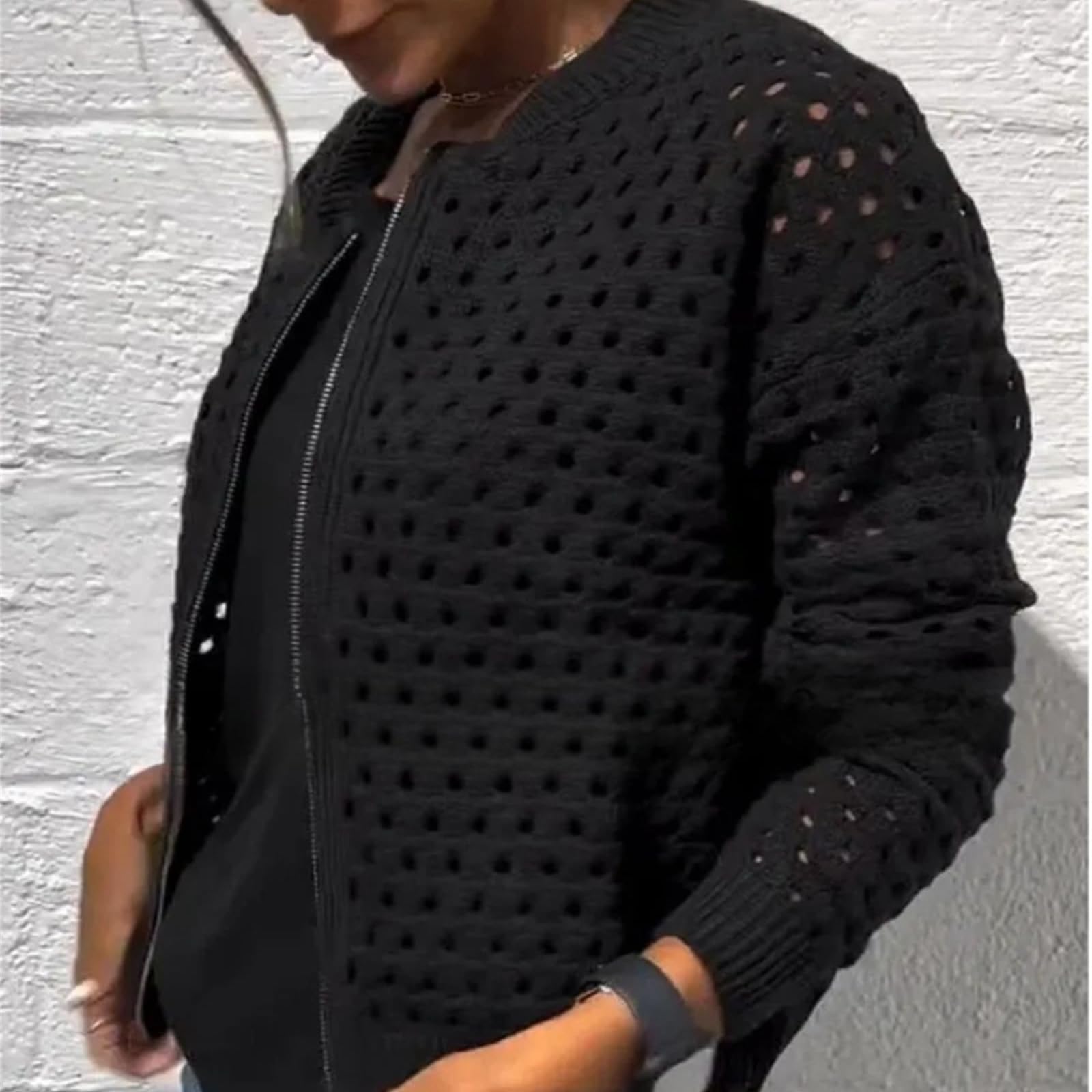 Chaqueta de punto para mujer con cremallera y recortes, suéter de ganchillo con cremallera para mujer, parte superior de punto hueco para mujer, prendas de abrigo de punto de ganchillo