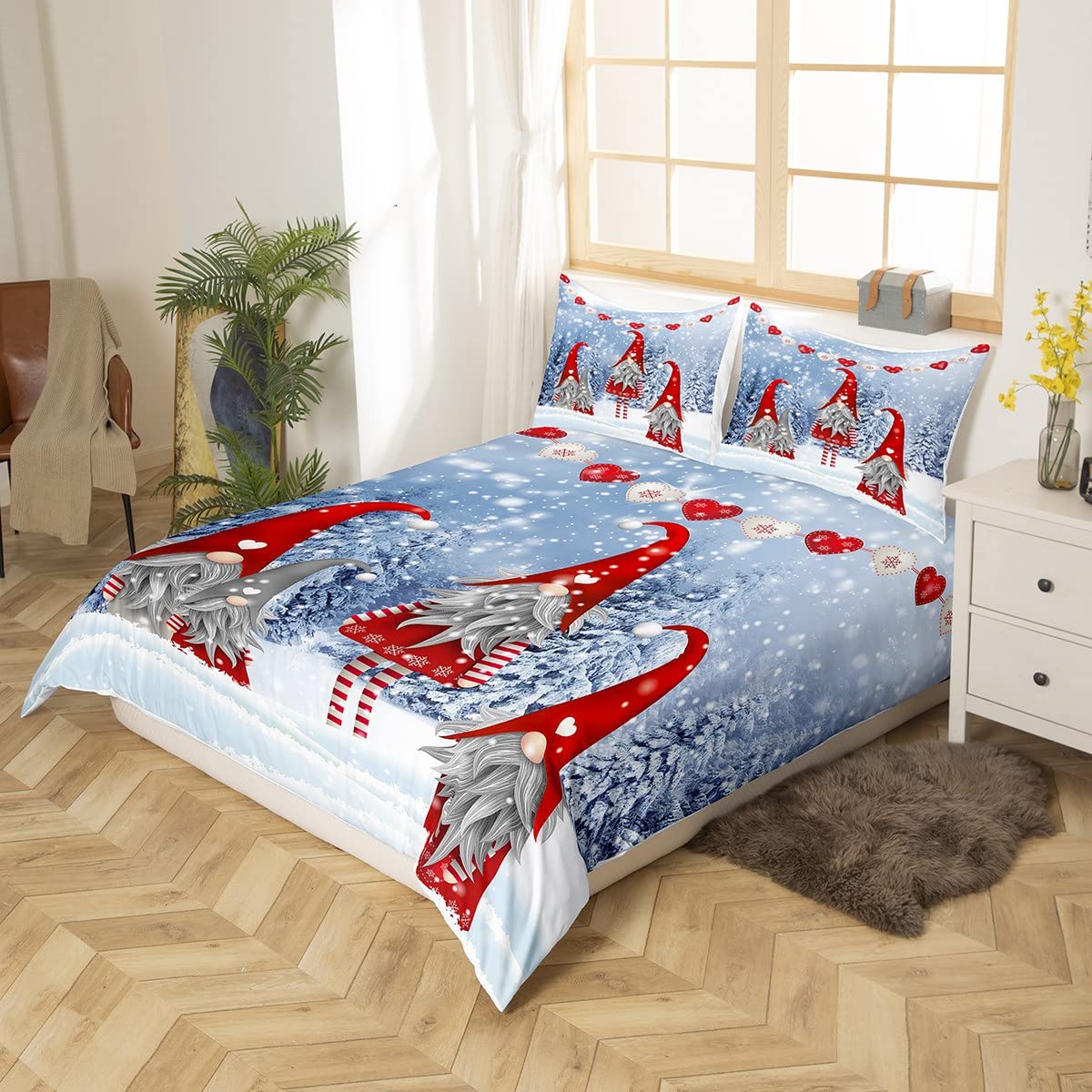 Homemissing Thème GNOME De Noël Courtepointe Courtepointe De Noël Motif Nain Draps Lit Rouges Et Bleus Costume Garçon Et Fille Décoration Paysage Neige 220x240cm