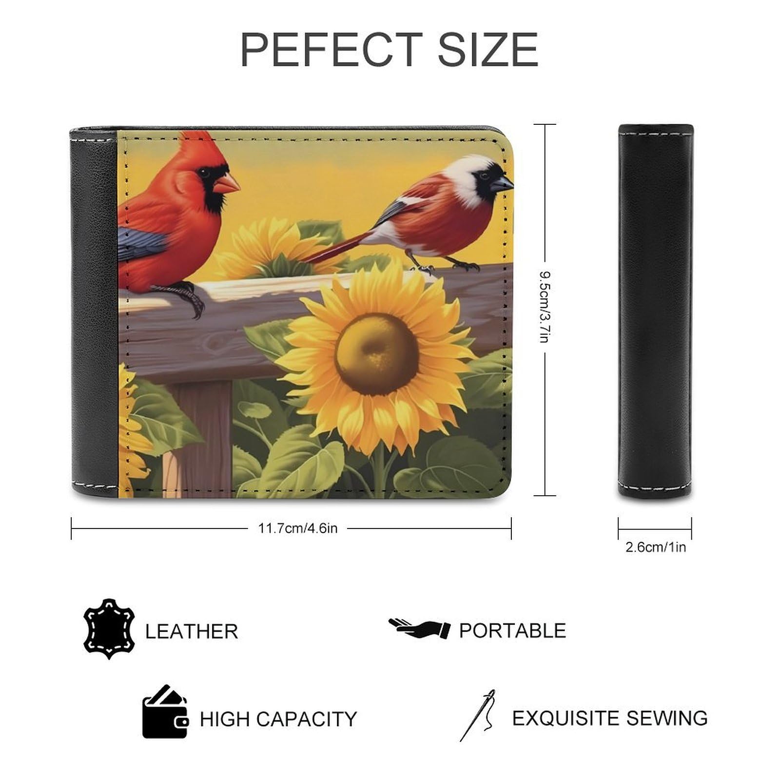 Rustic Sunflowers Floral Cardinal Birds Funny Men's Slim Bifold Wallet with Multiple Card Slots Front Pocket Purse