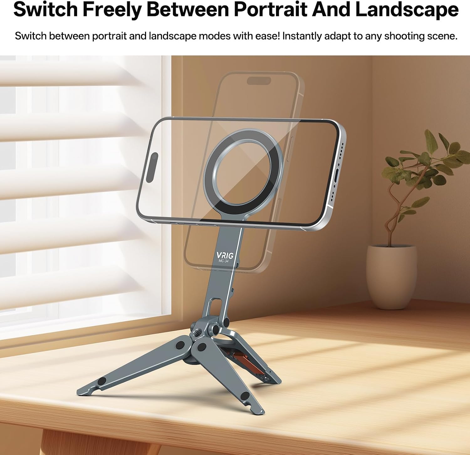 VRIG MG-34 Magnetic Tripod Stand for iPhone, Aluminium Alloy Foldable Phone Stand for Desk/Handheld, 1/4'' Screw Hole, Cold Shoe Mount and Hook, Compatible with iPhone 17 16 15 14 13 12 Series