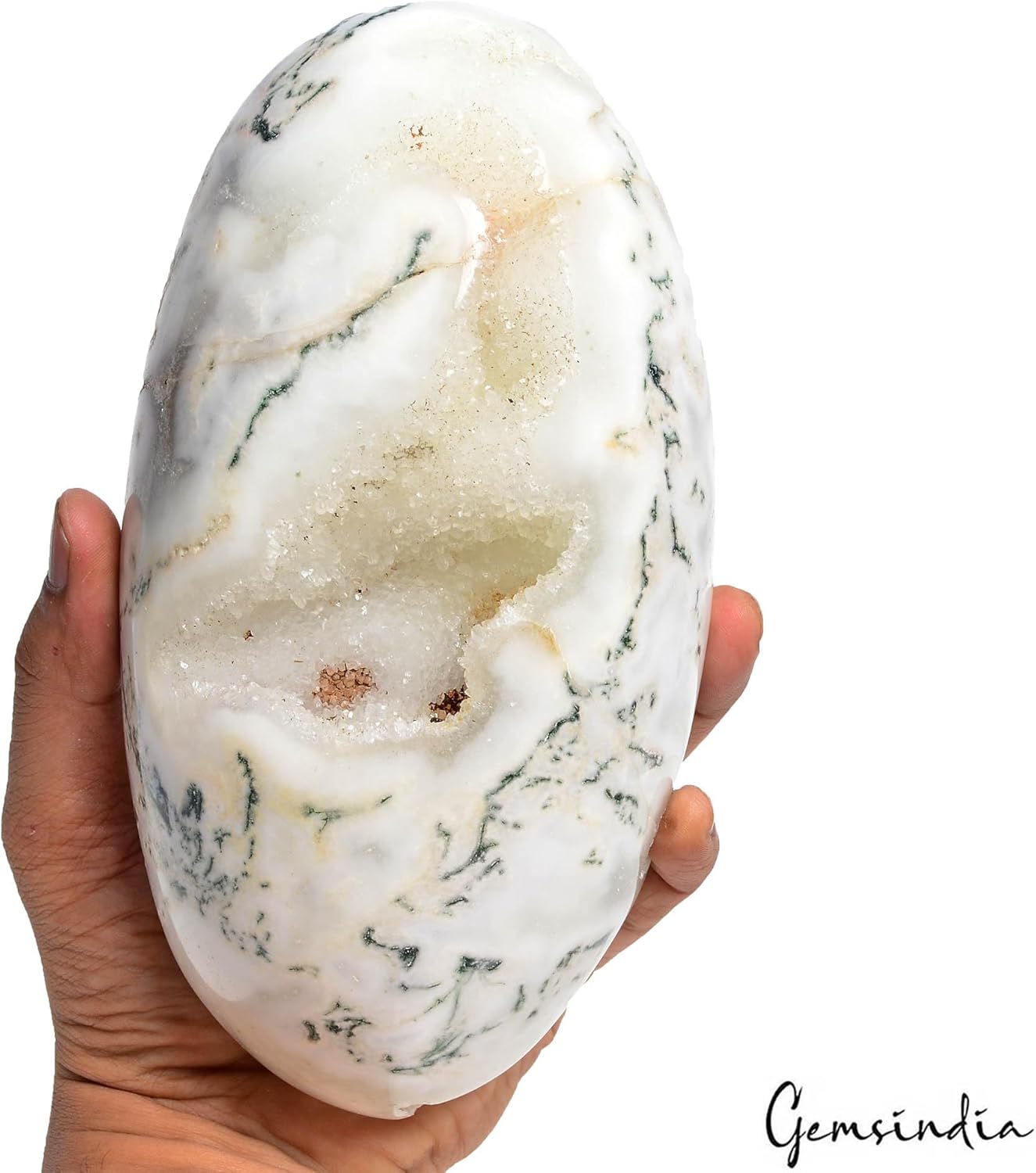 2.377 Kg Natural Dendrite Moss Agate 7.6 x 4 Druzy Egg Stone Mineral Gemstone W/Stand