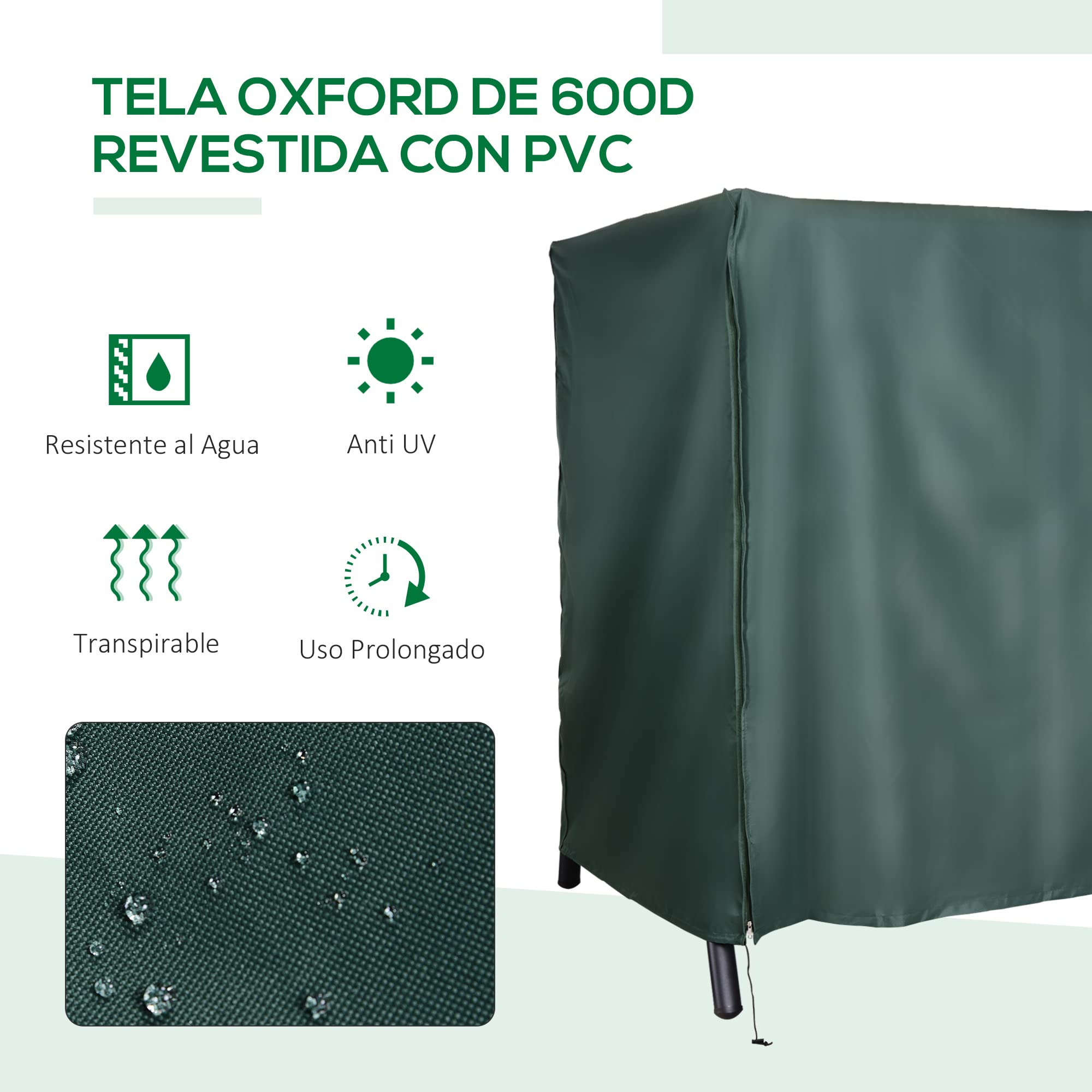 Outsunny Funda Balancín Jardín Funda Columpio Jardín Exterior Cubierta de Columpio de Tela Oxford 600D con 2 Cremalleras Impermeable 177x114x152 cm Verde Oscuro