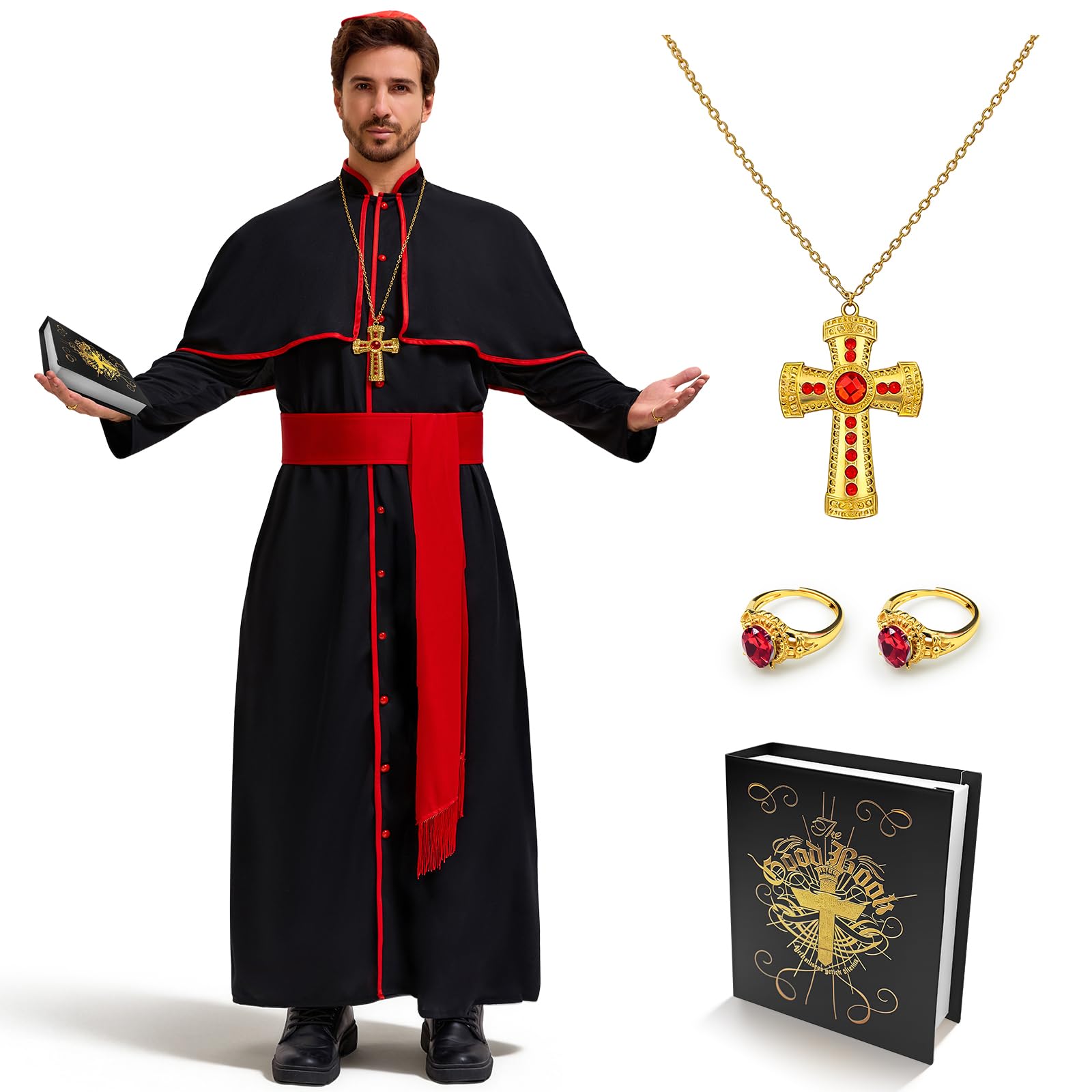 Costume Cardinale per Uomo, Carnevale Costume da Prete per Adulto con Catena, Cintura Vestito da Prete per Carnevale Cosplay