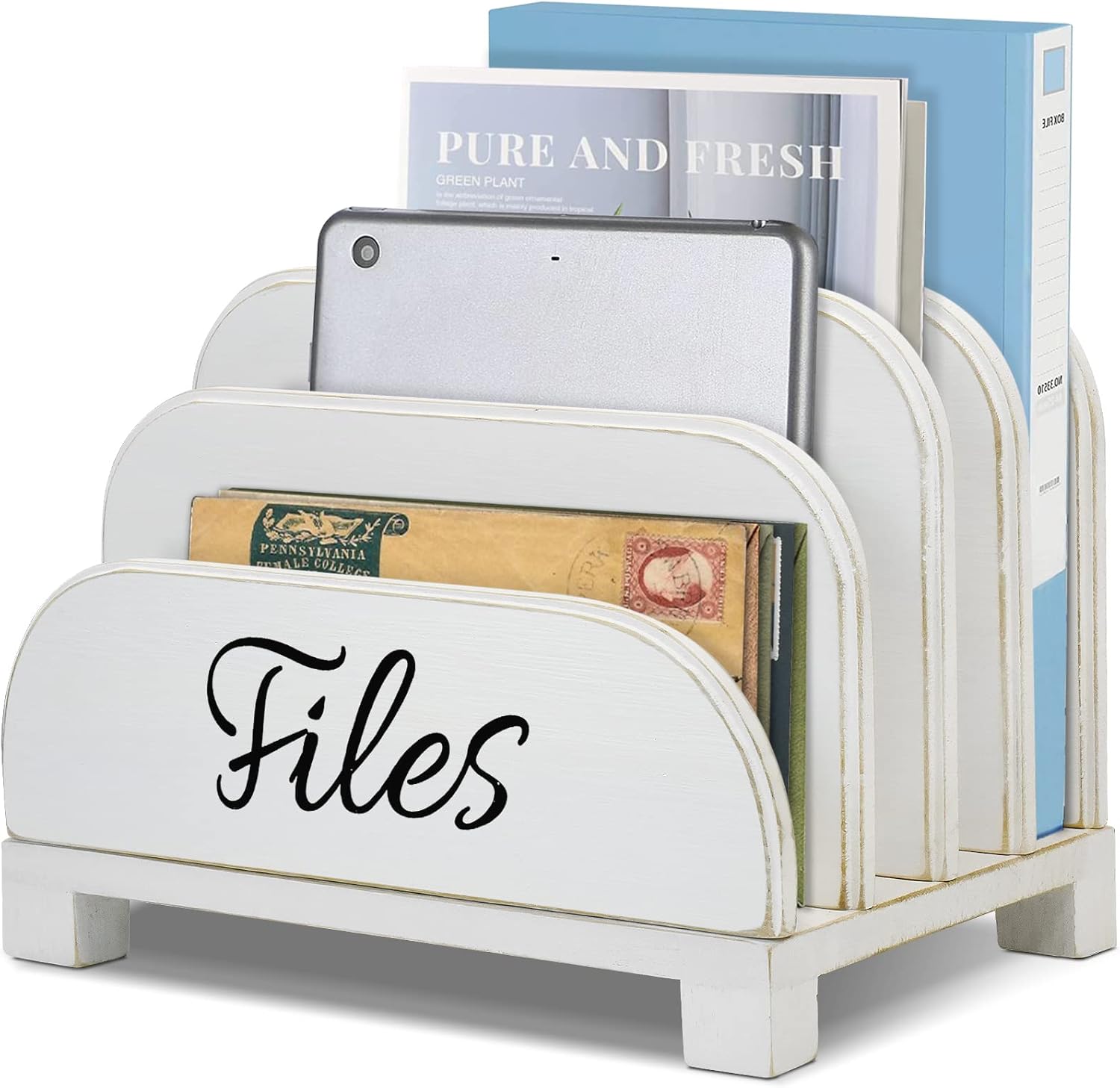 Anwelynd File Organizer for Desk, 4 Slots Wood Desktop