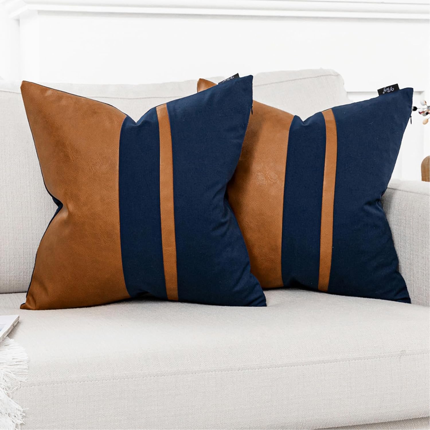 Amazon.com: Vfuty Set of 2 Navy and Brown Decorative Throw Pillow ...