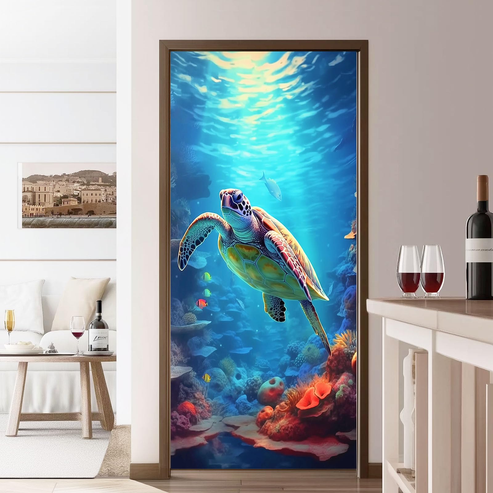 Naklejka na drzwi zwierzę żółw morski 95x215 cm plakat na drzwi naklejki ścienne, samoprzylepna naklejka ścienna koralowy podwodny świat, do sypialni salonu kuchni łazienki, niebieska