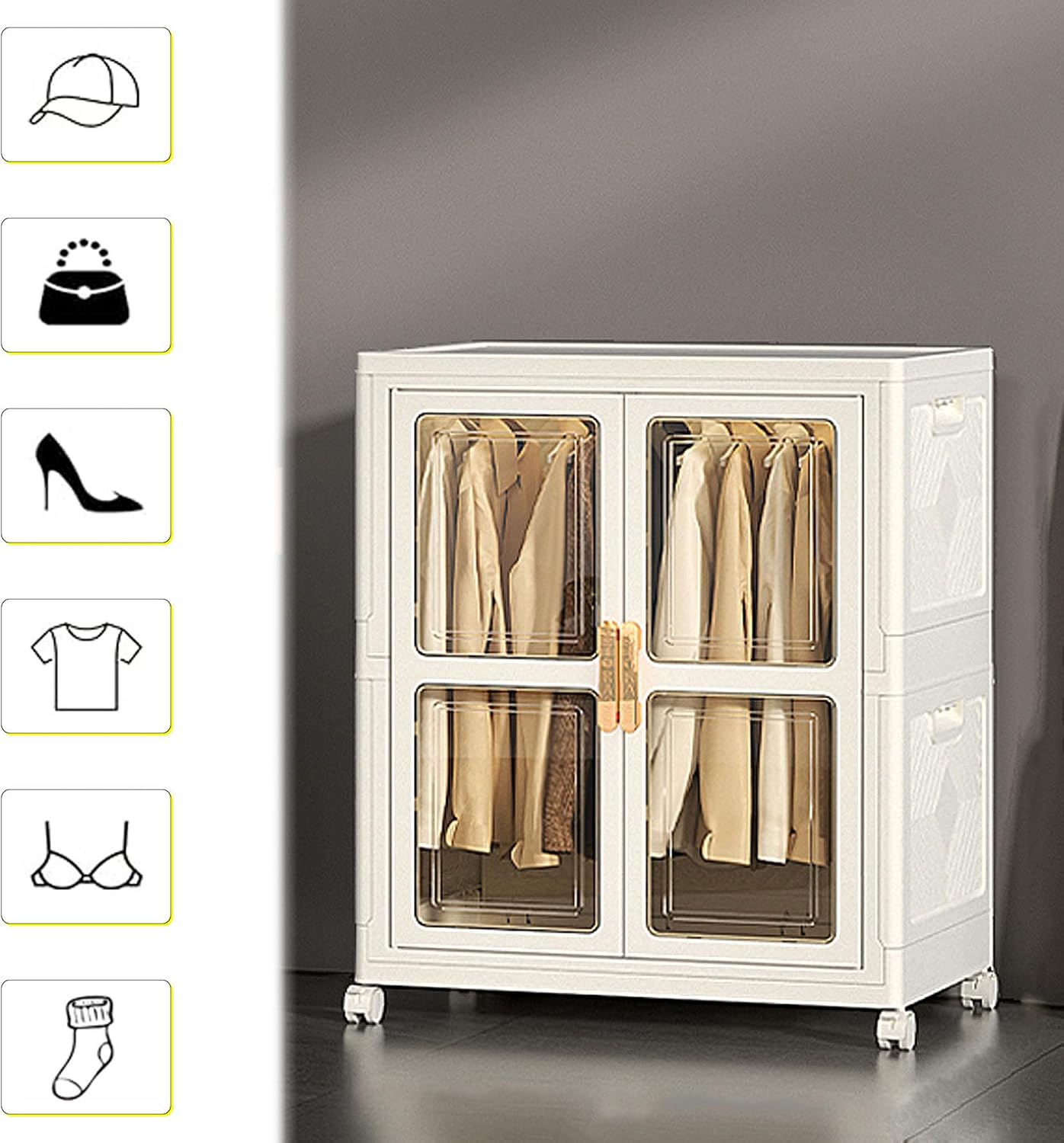Cloth Wardrobe,Portable Clothes Closet Rolling Wardrobe with Magnetic Doors and Wheels - Transparent Bedroom Armoires, Folding Plastic Clothes Organiz,70cm/27.6in