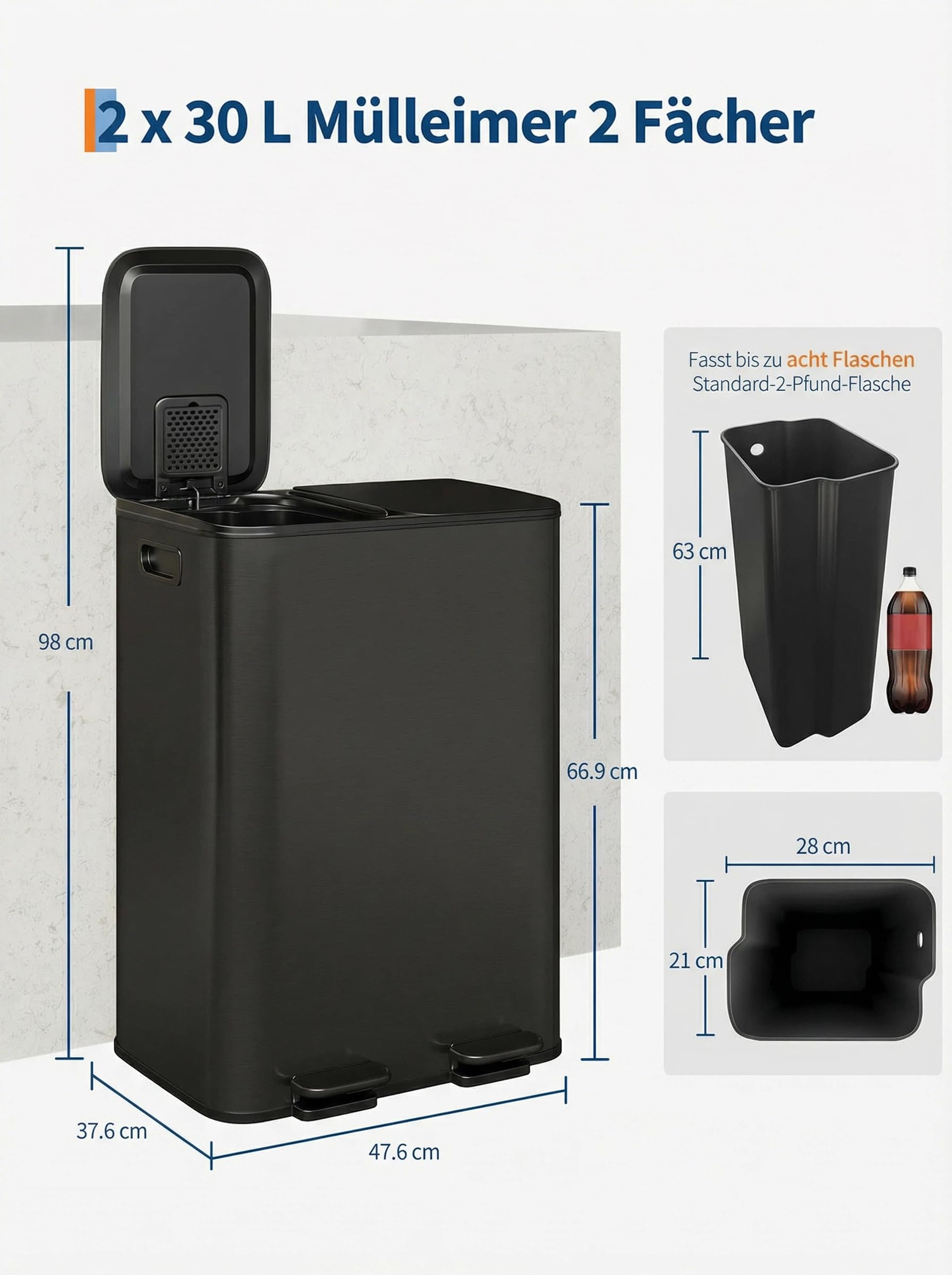 GarveeHome Poubellecuisine 2 compartiments métal avec 2pédales indépendantes couvercle fermeture douce recyclage déchets organiques seaux intérieurs amovibles (Noir mat, 2 x 30 L)