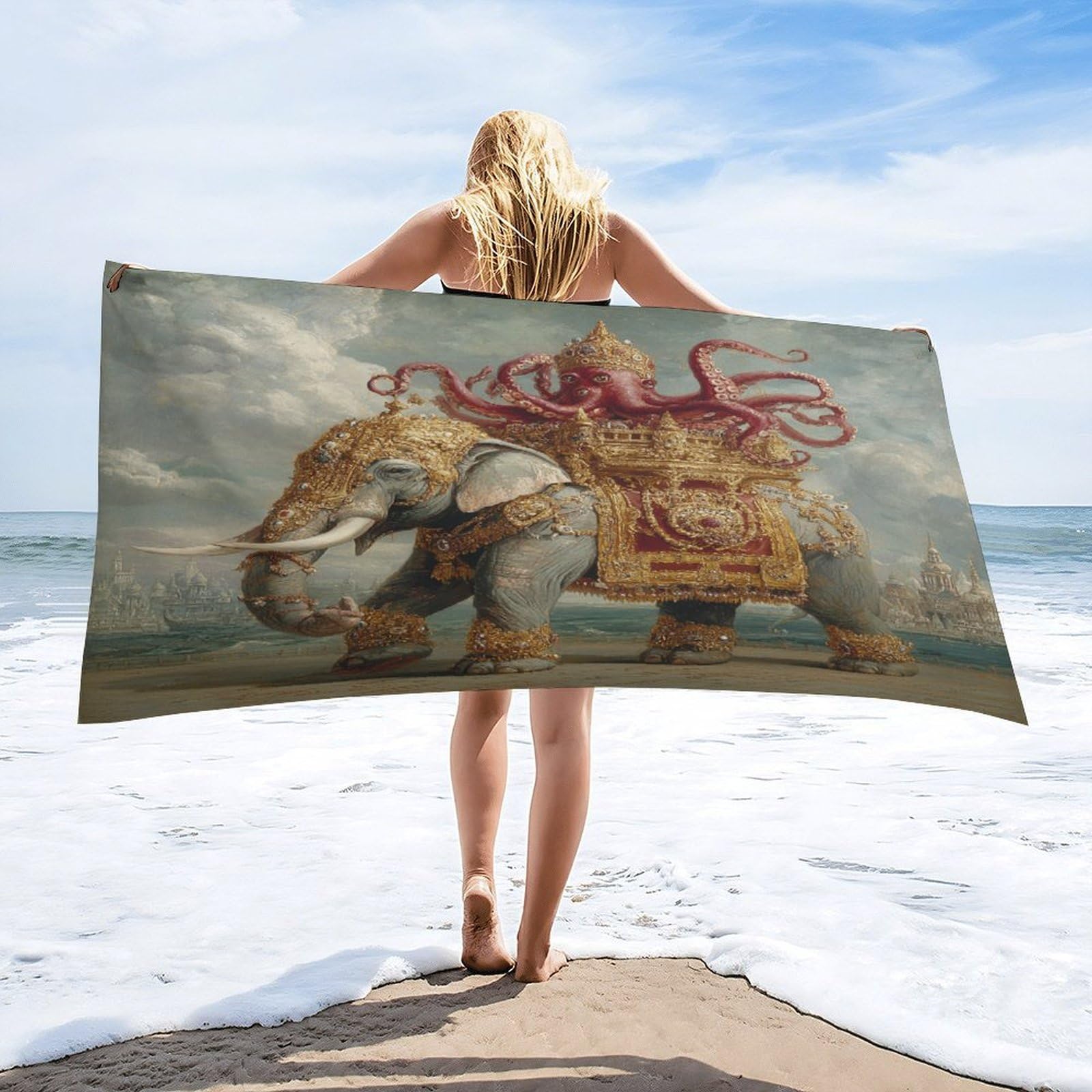 Luyysky Ethnic Aesthetic Sea Octopus Quick-Drying Beach Towel, Exotic Abstract Indian Aesthetic Tropical Animal Elephant Octopus Travel Vacation Single Sided Pile Bathroom Towels-80 W Cm X 160" L Cm