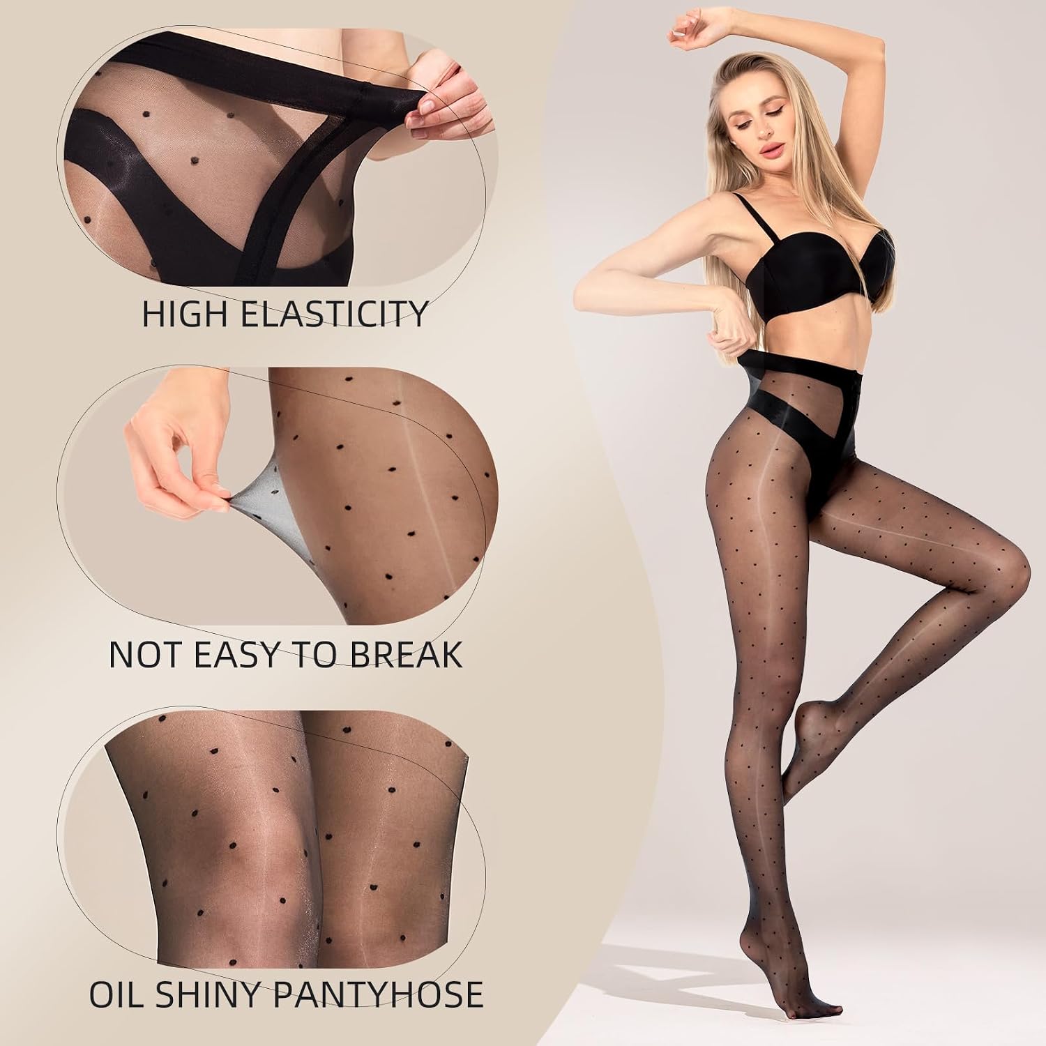 Women's Sheer Polka Dot Tights Oil Shiny Pantyhose 20 Denier Patterned Stockings with Dots