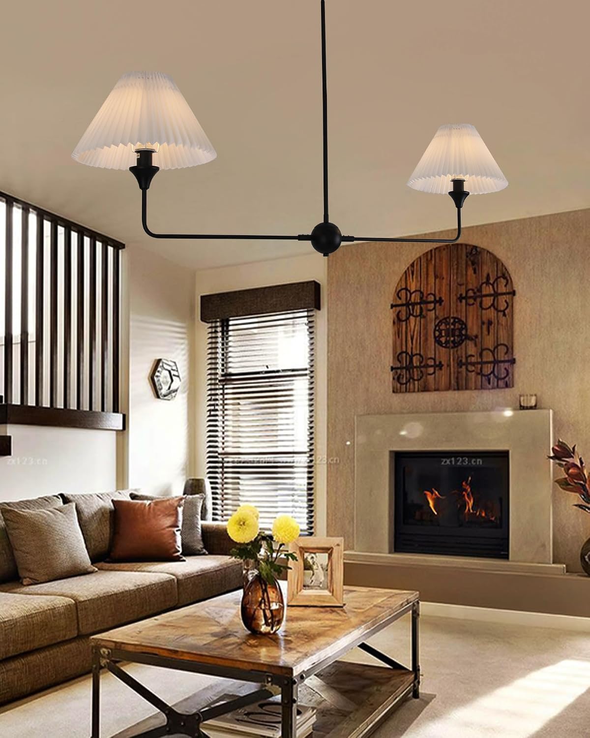 2-Light Modern Linear Chandelier for Kitchen Island Linear Light Fixture with White Fabric Shade for Dining Room Living Room Black Pendant Light