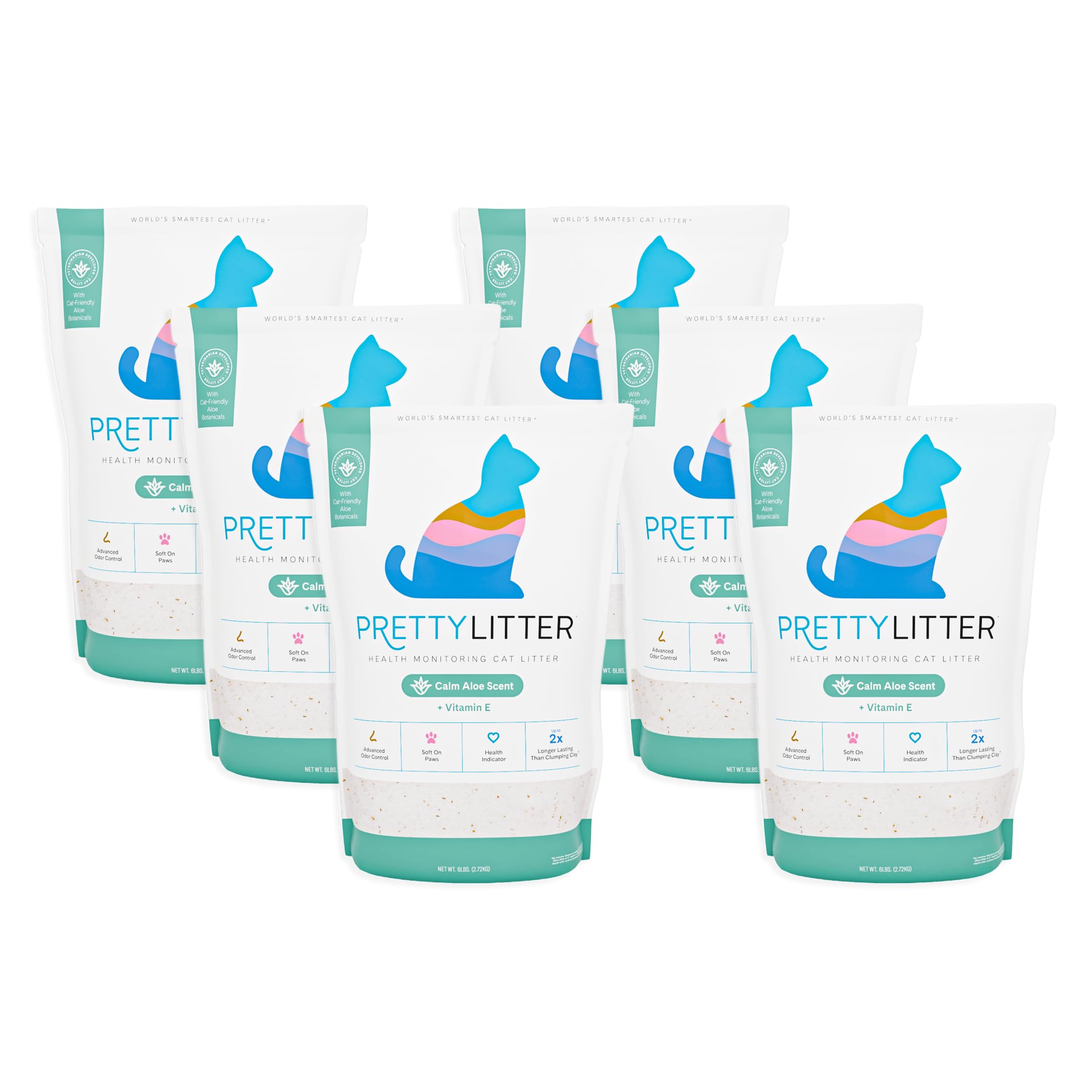 PrettyLitter Health Monitoring Cat Litter, Calm Aloe, 6-Pack, 6 lb. Bags