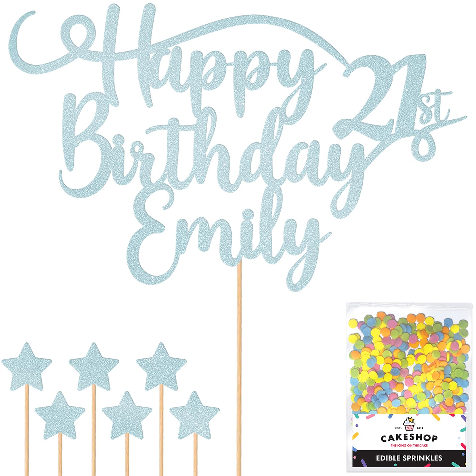 Personalised Happy Birthday Glitter Cake Topper - Light Blue Any Name & Any Age Glitter Cake Decoration and Sprinkles - Happy Birthday Decorations - Personalised Toppers for Cakes by Cakeshop — image 1