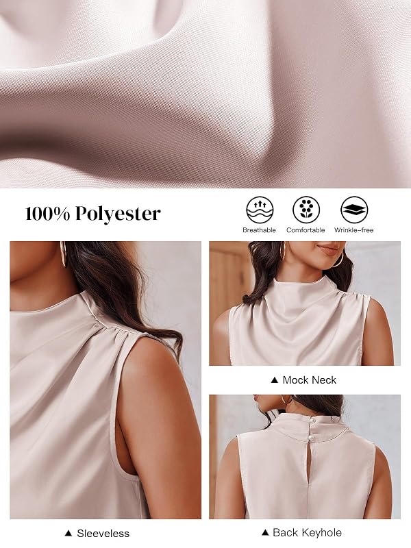 Cicy Bell Womens Mock Neck Satin Tank Tops Business Casual Work Ruched Blouses Summer Corporate Outfits Pink by Cicy Bell - Used condition - Image 7